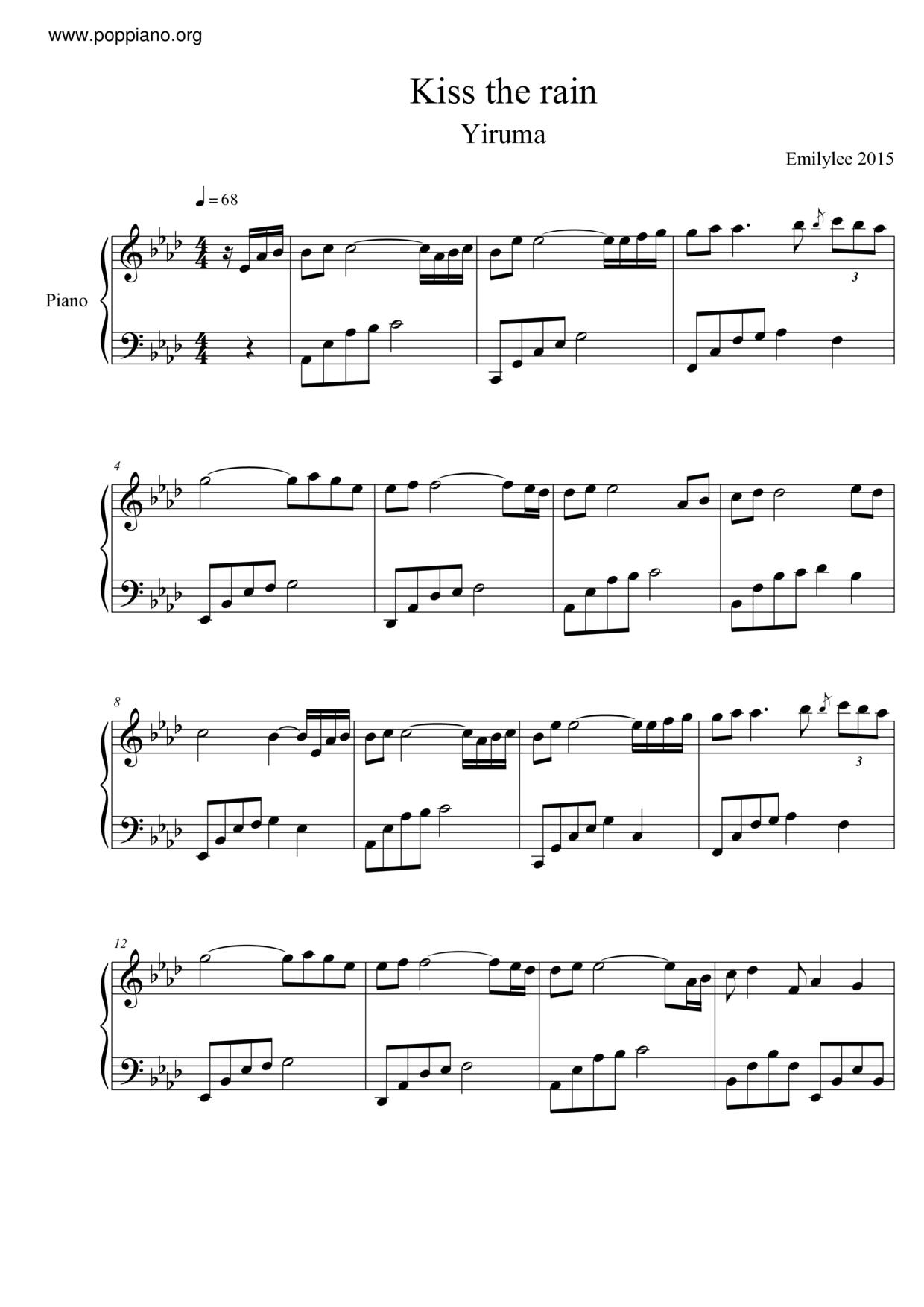 kiss the rain钢琴谱,好听简单的钢琴曲 yiruma - kiss the rain (琴谱)