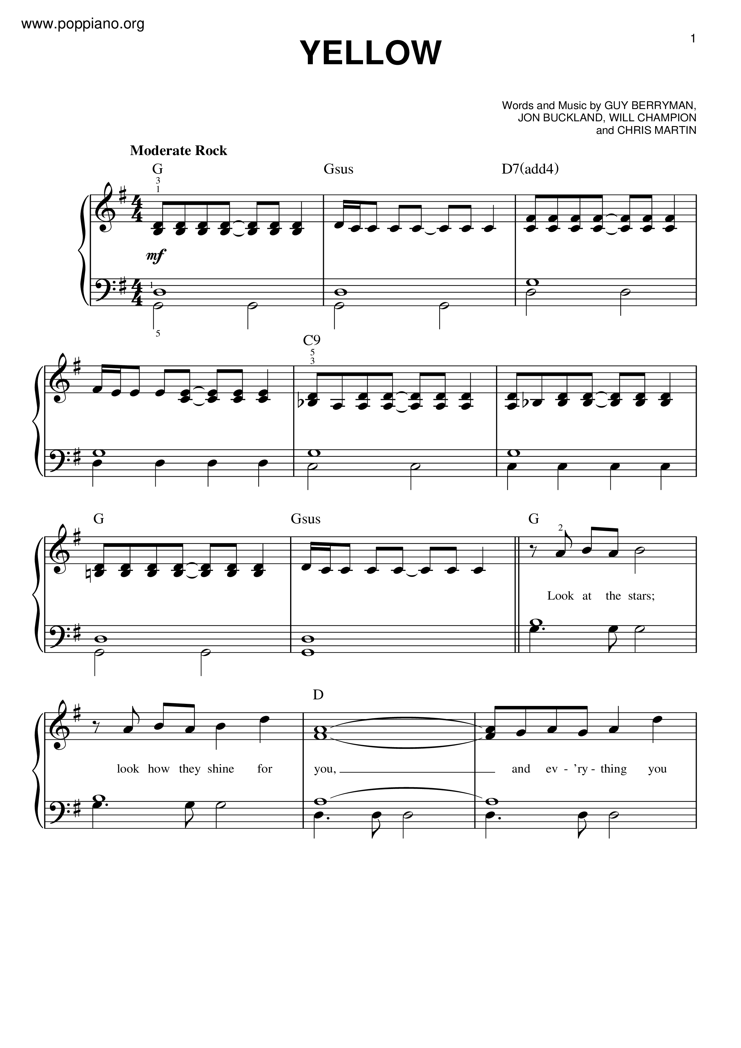 coldplay-yellow 琴谱/五线谱pdf-香港流行钢琴