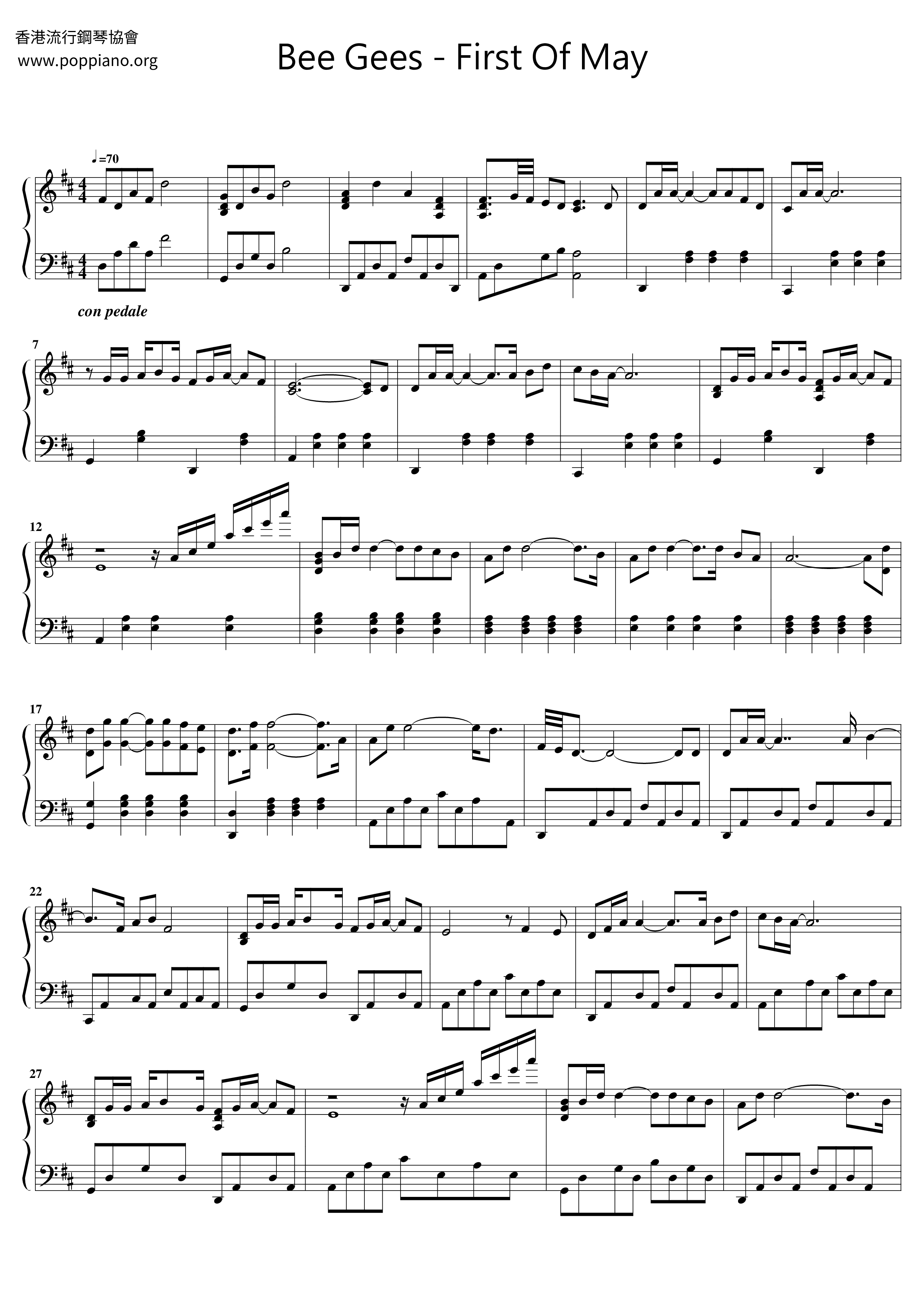 Bee GeesFirst Of May 琴谱/五线谱pdf若葉のころ 楽譜香港流行钢琴协会琴谱下载 ★