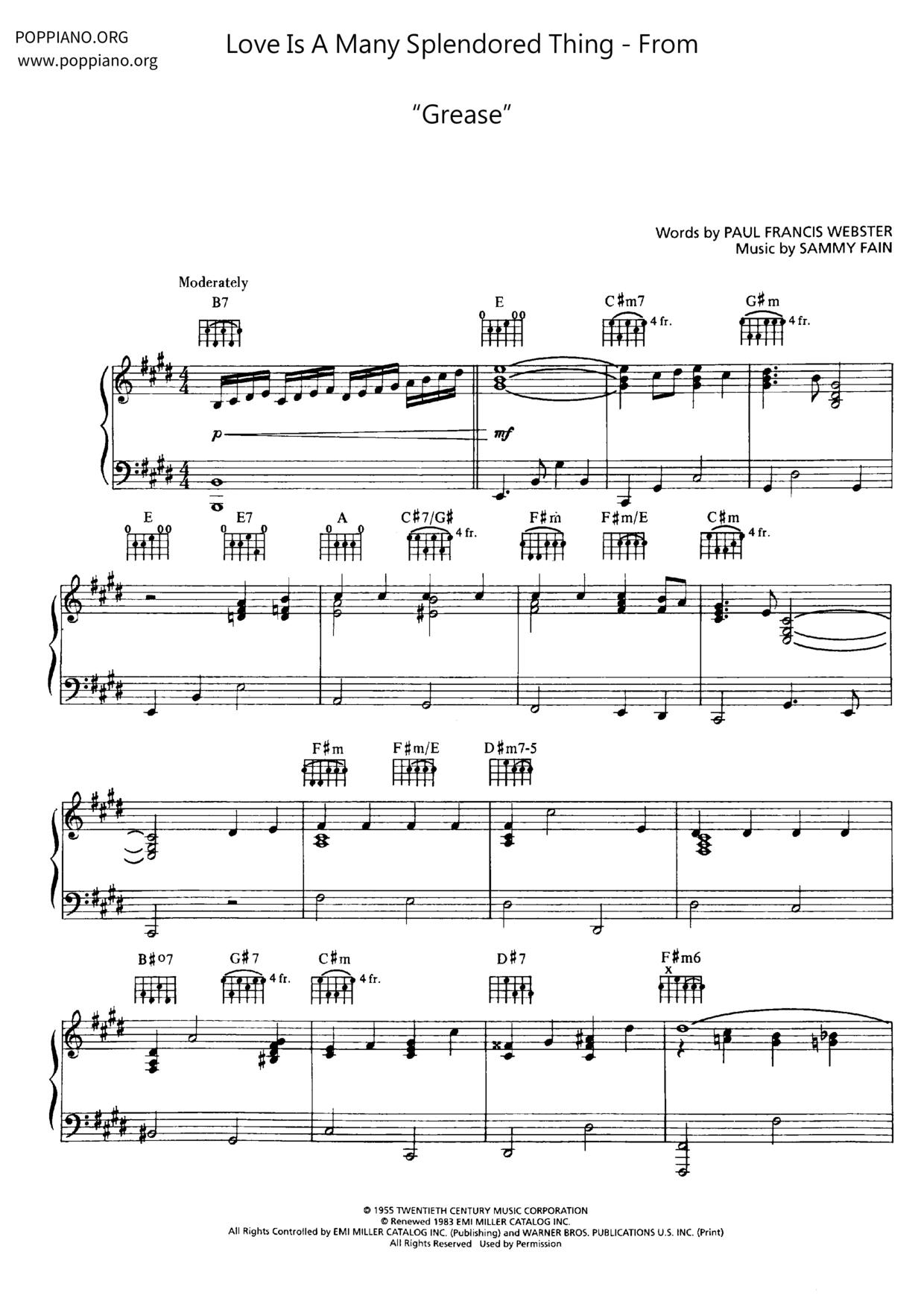 Love Is A Many Splendored Thing - From “Grease”琴谱