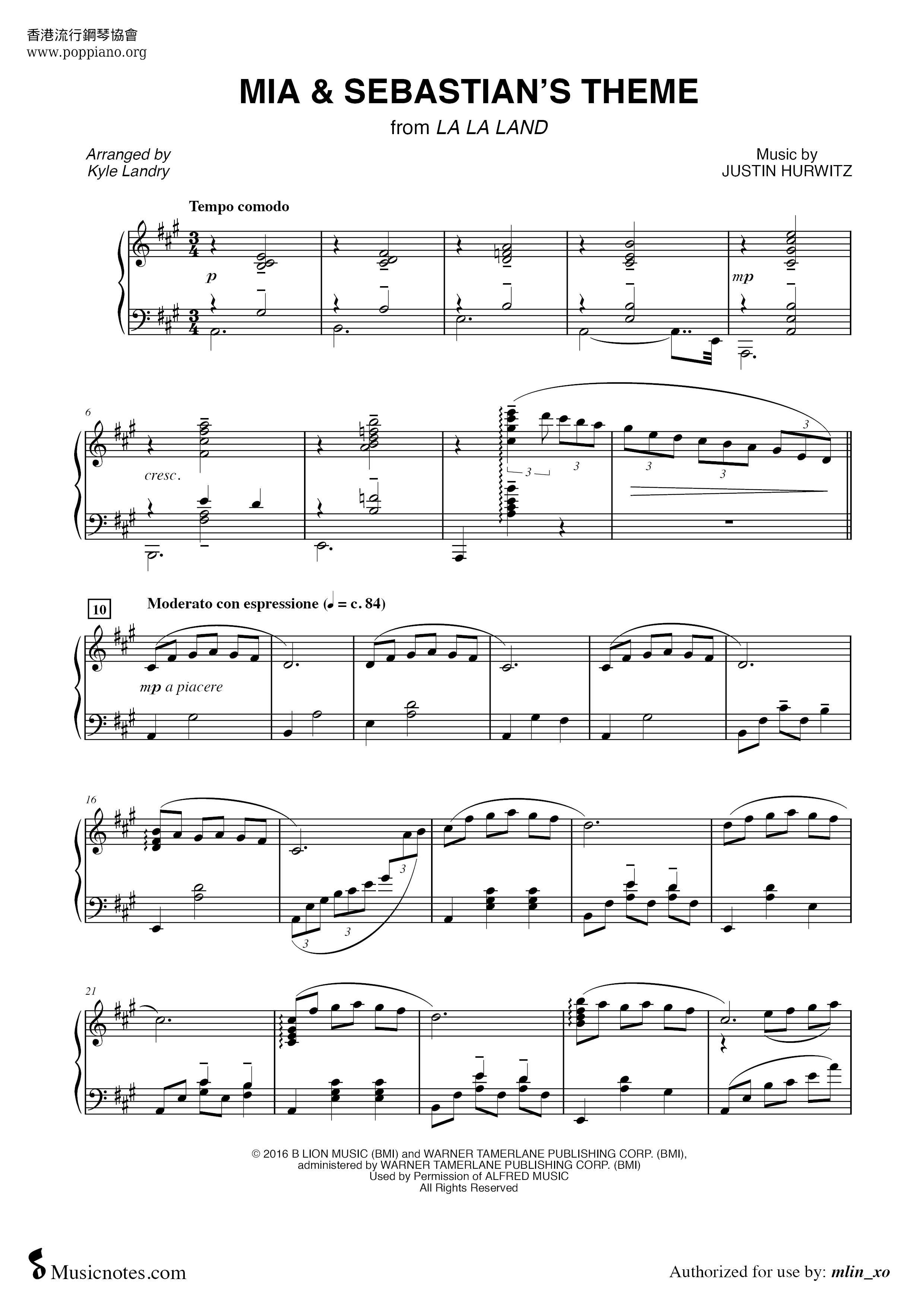 La La Land - Mia & Sebastian's Theme琴谱