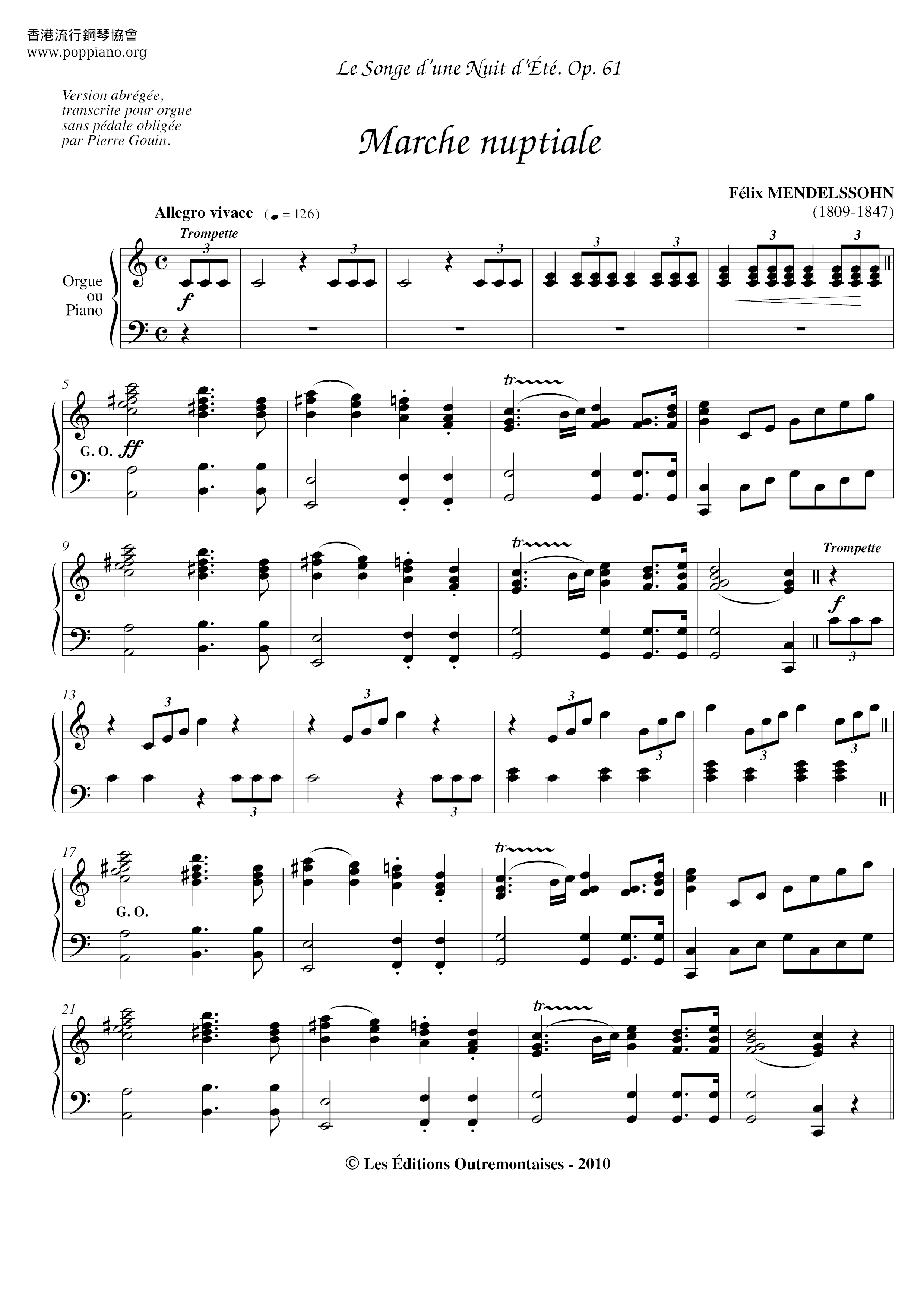 MendelssohnMarche Nuptiale 琴谱/五线谱pdf香港流行钢琴协会琴谱下载 ★