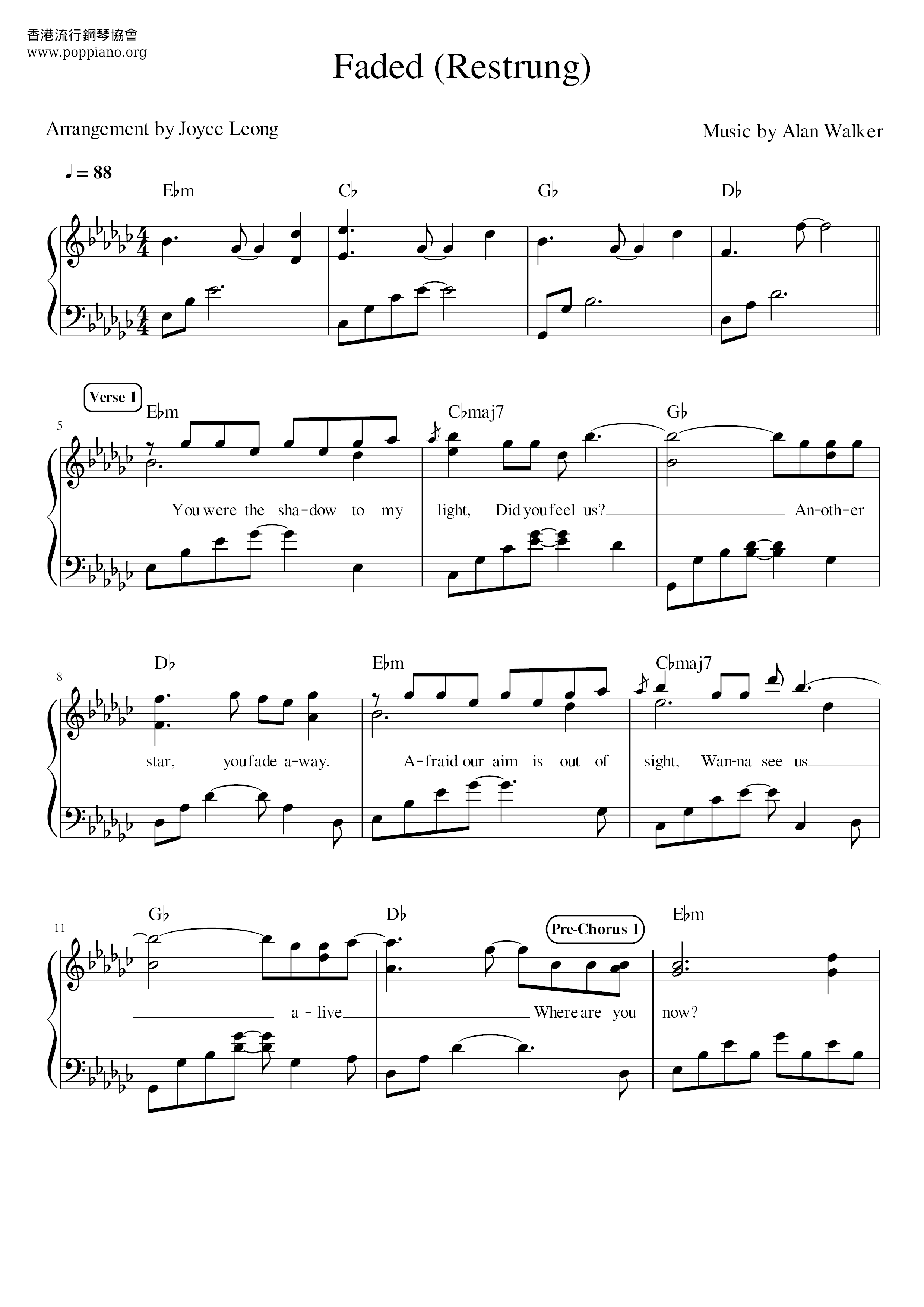 Alan Walker-Faded 琴谱/五线谱pdf (アラン・ウォーカー)-香港流行钢琴协会琴谱下载 ★