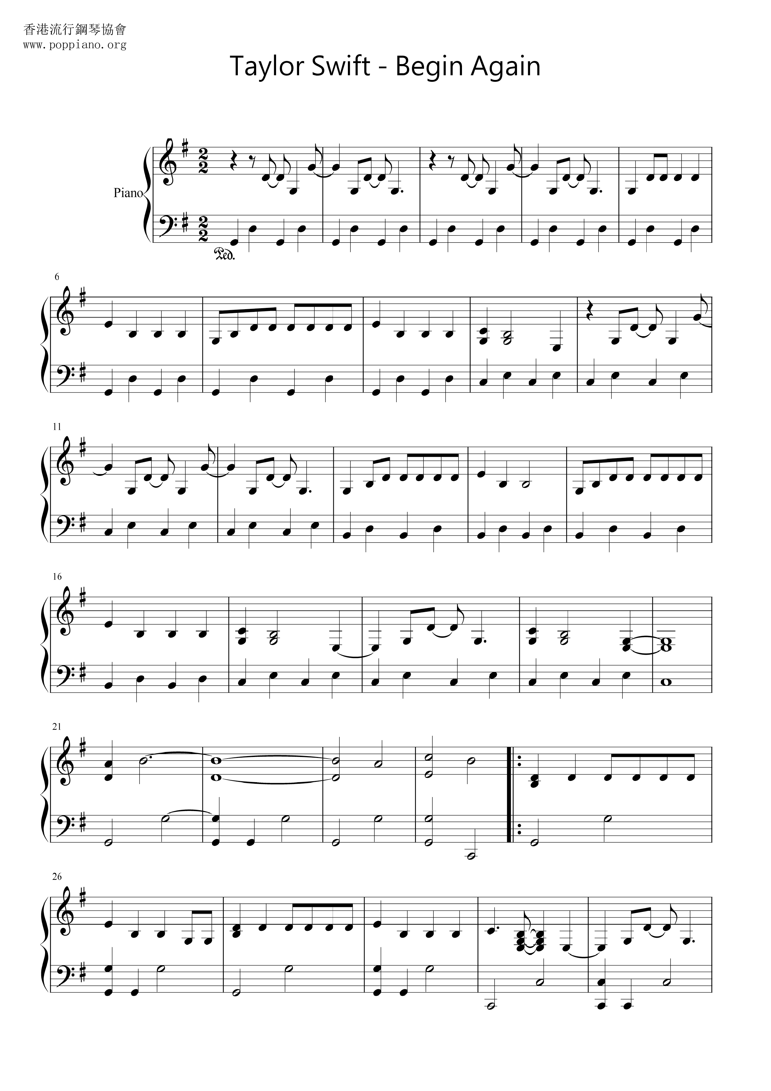 Begin Again琴谱