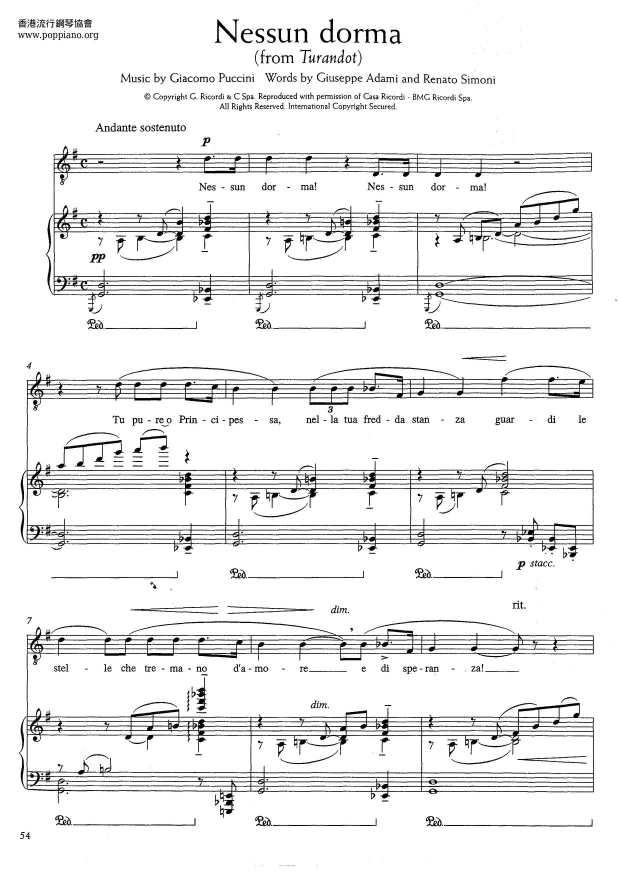 Nessun Dorma From Turandot (Puccini)琴谱