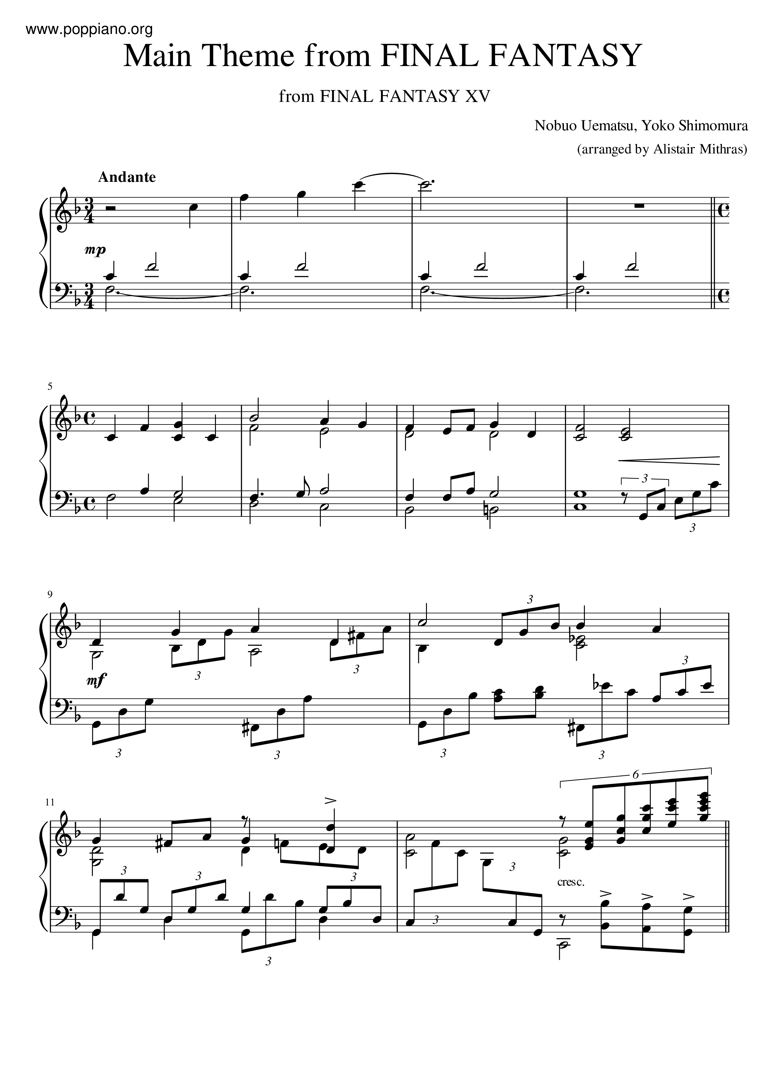 Main Theme From Final Fantasy琴谱