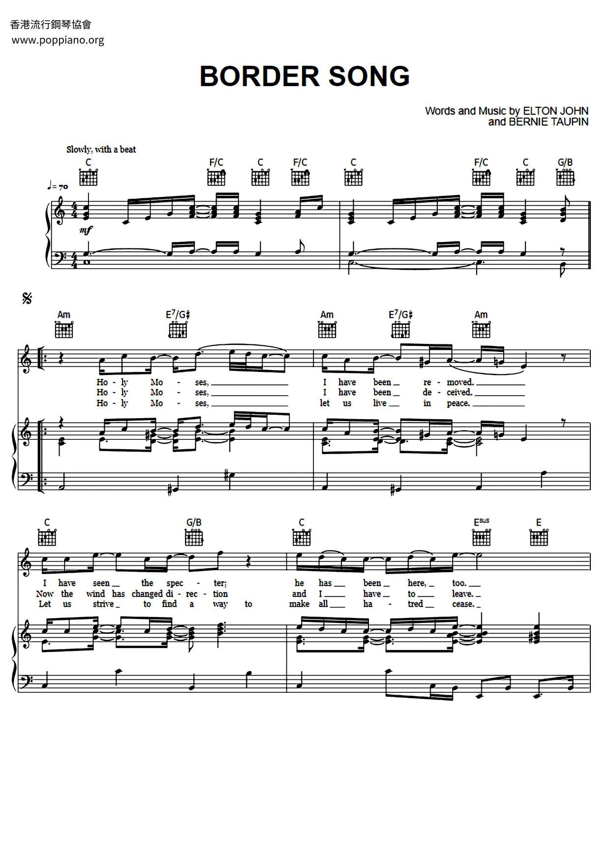 Elton JohnBorder Song 琴谱/五线谱pdf香港流行钢琴协会琴谱下载 ★
