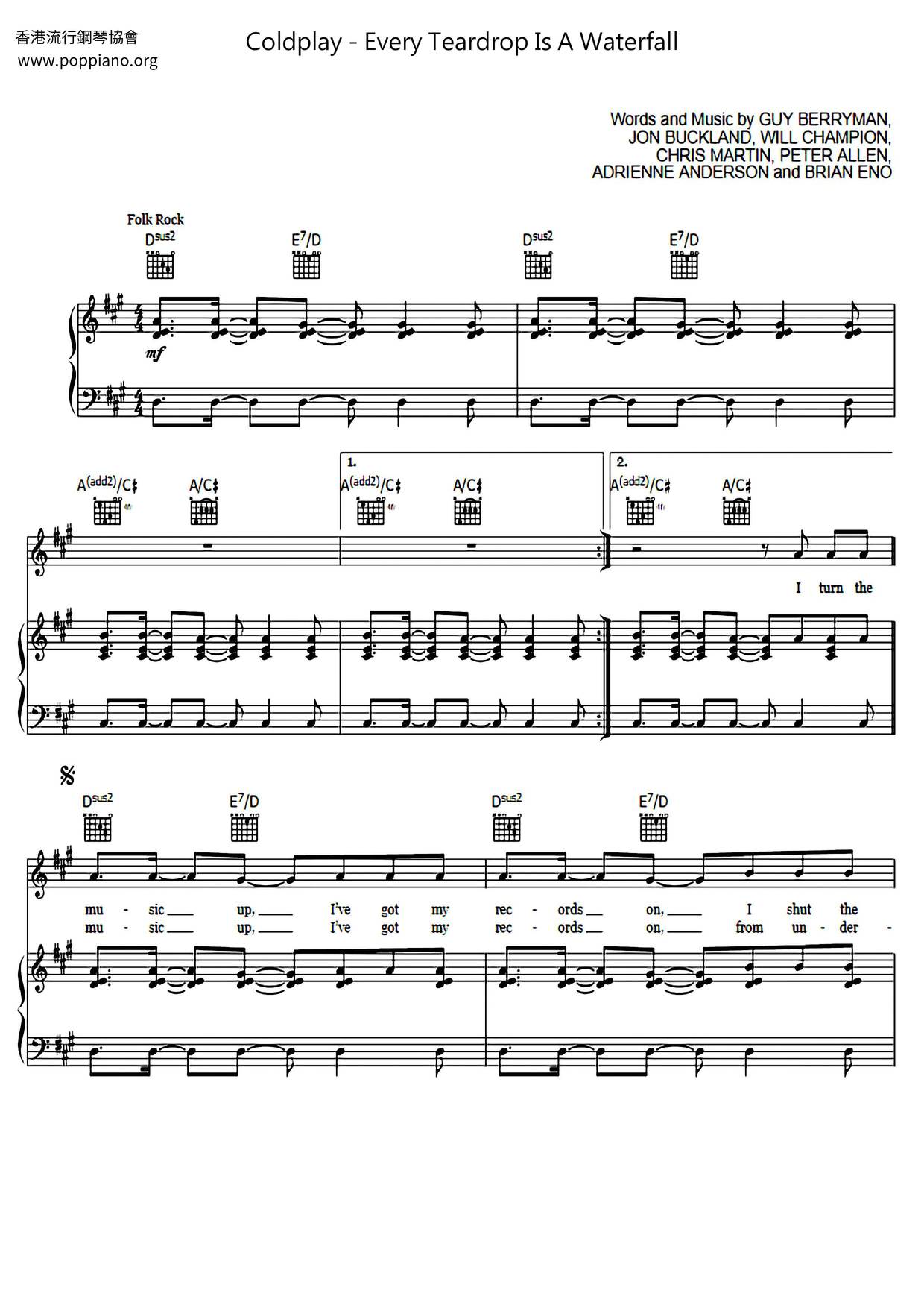 Every Teardrop Is A Waterfall琴谱