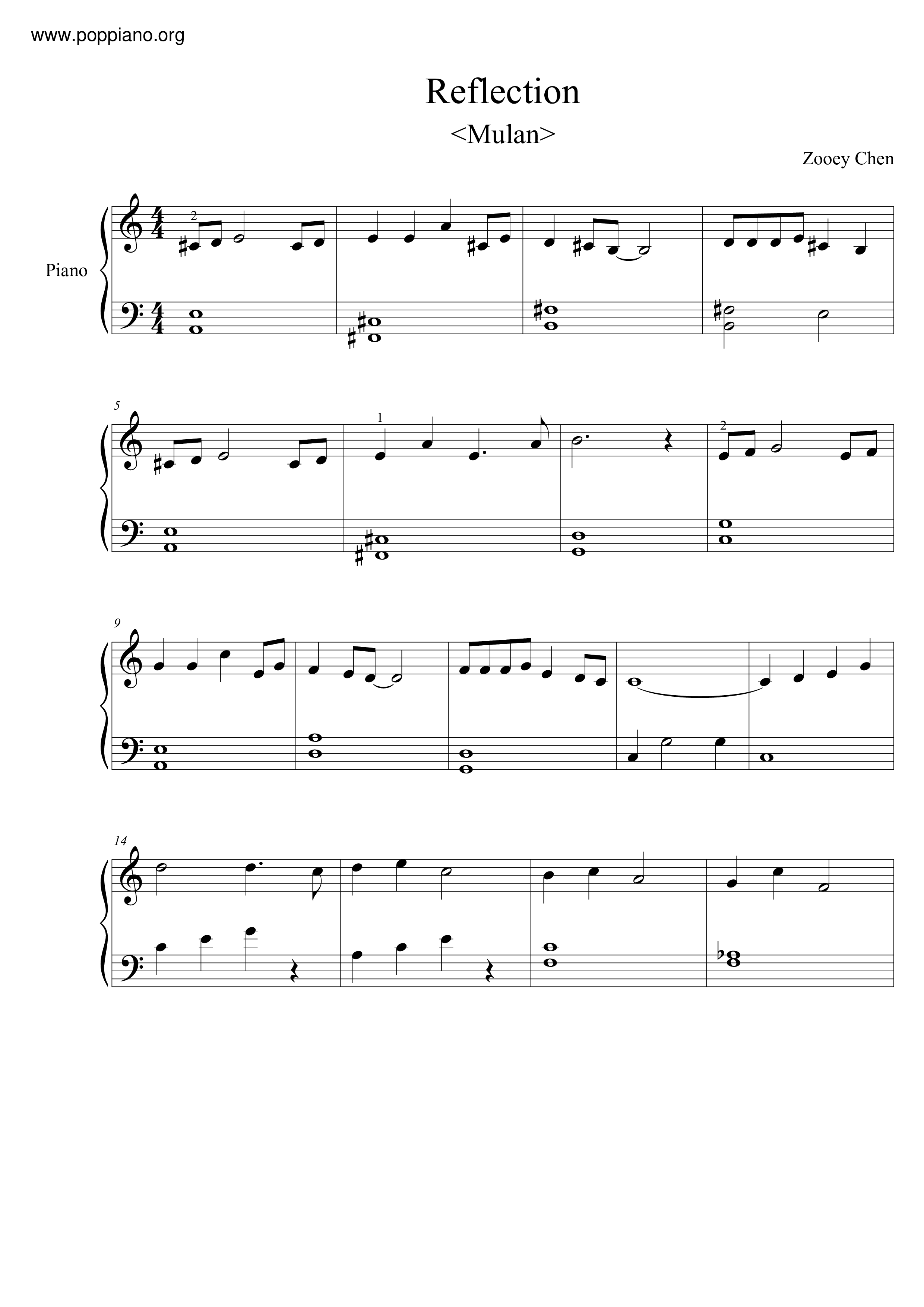 Mulan - Reflection琴谱