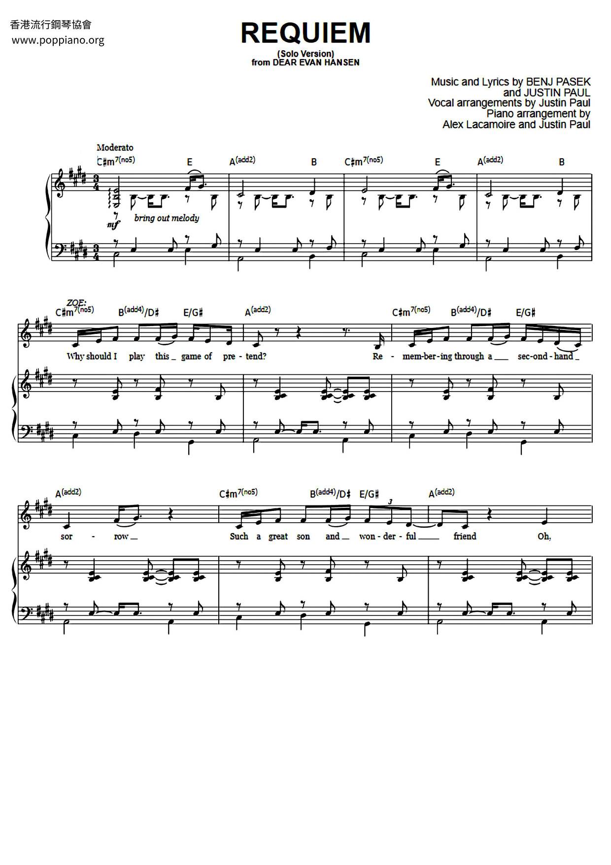 Requiem - Dear Evan Hansen琴谱