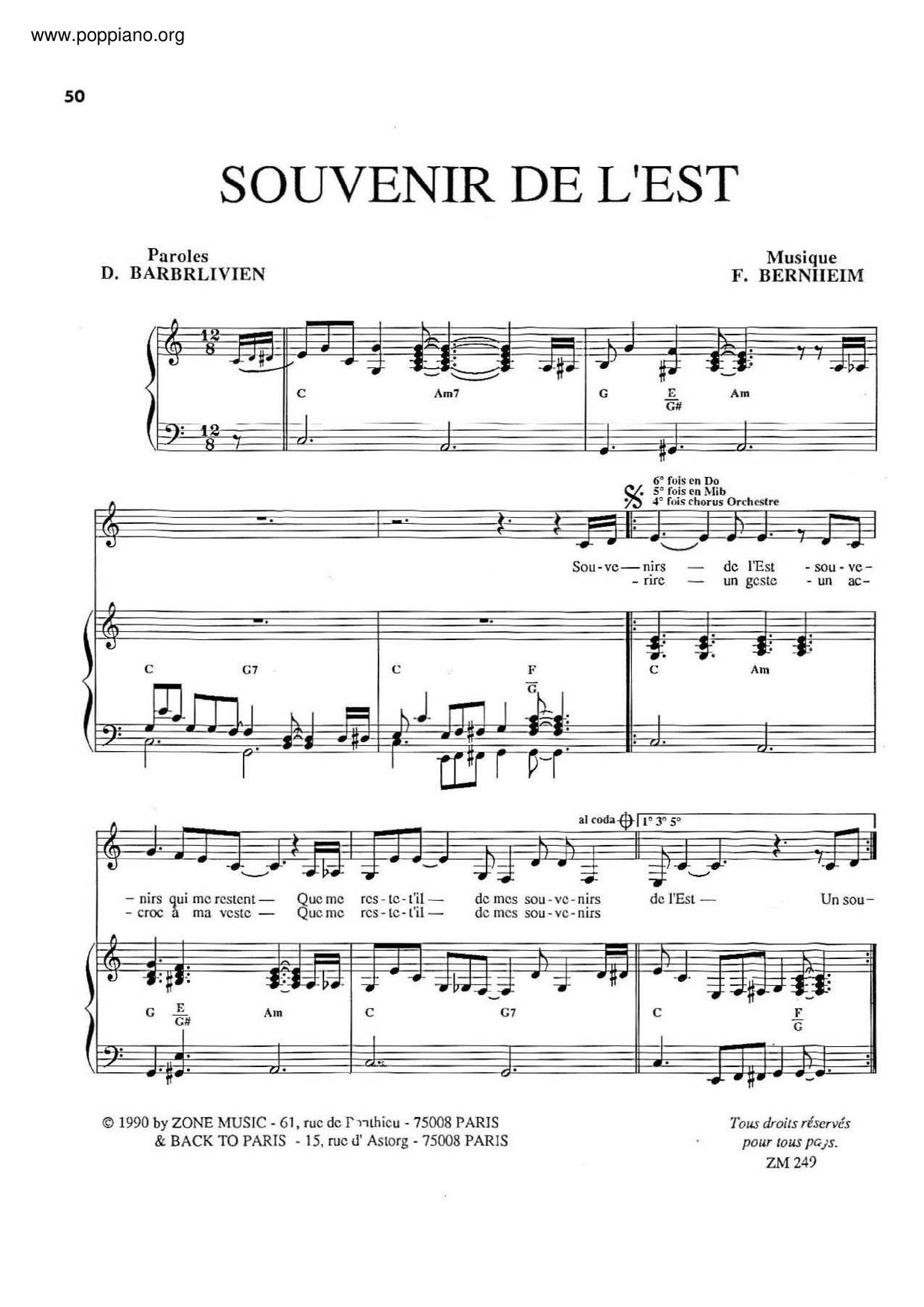 Souvenirs De L'est琴谱