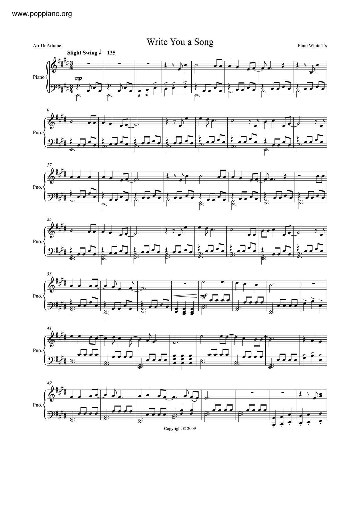 Write You A Song琴谱