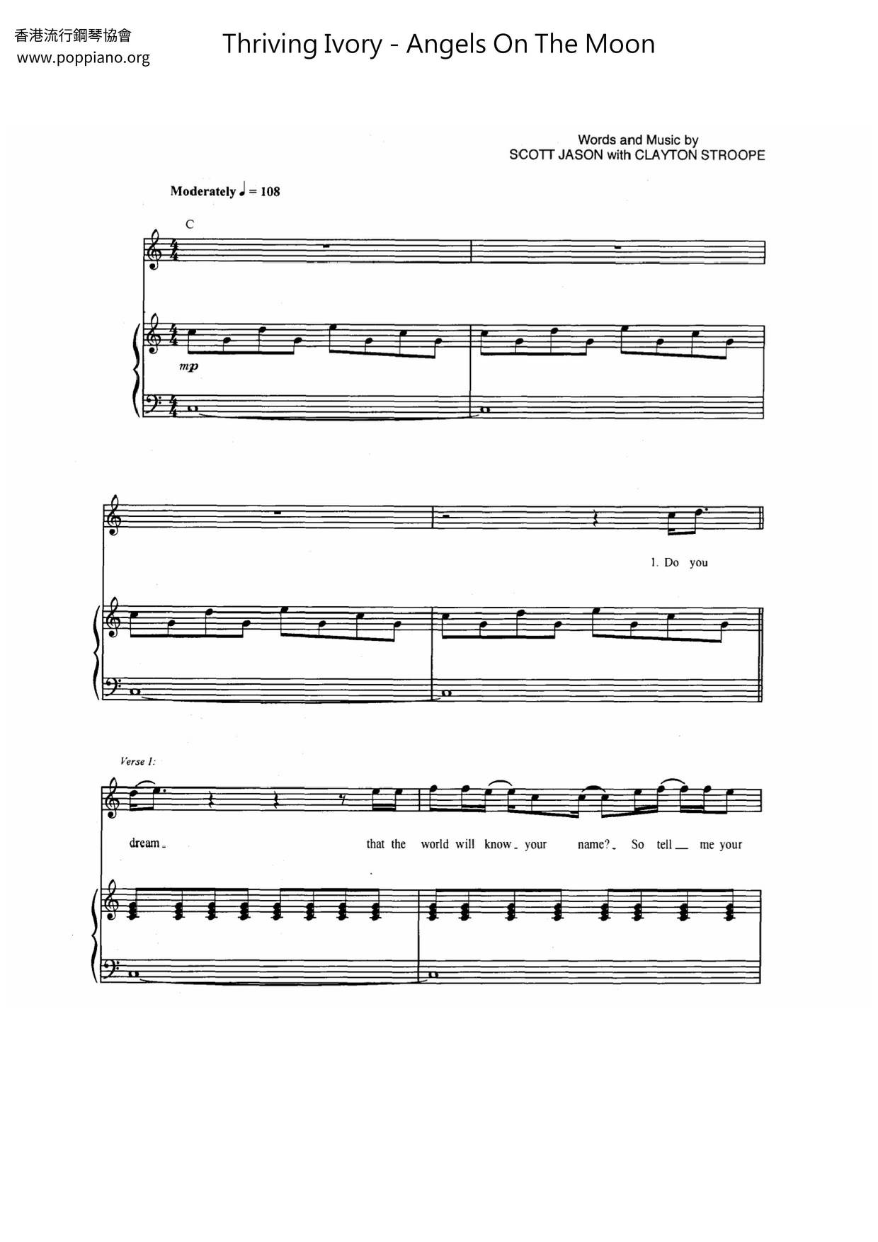 Thriving IvoryAngels On The Moon 琴谱/五线谱pdf香港流行钢琴协会琴谱下载 ★