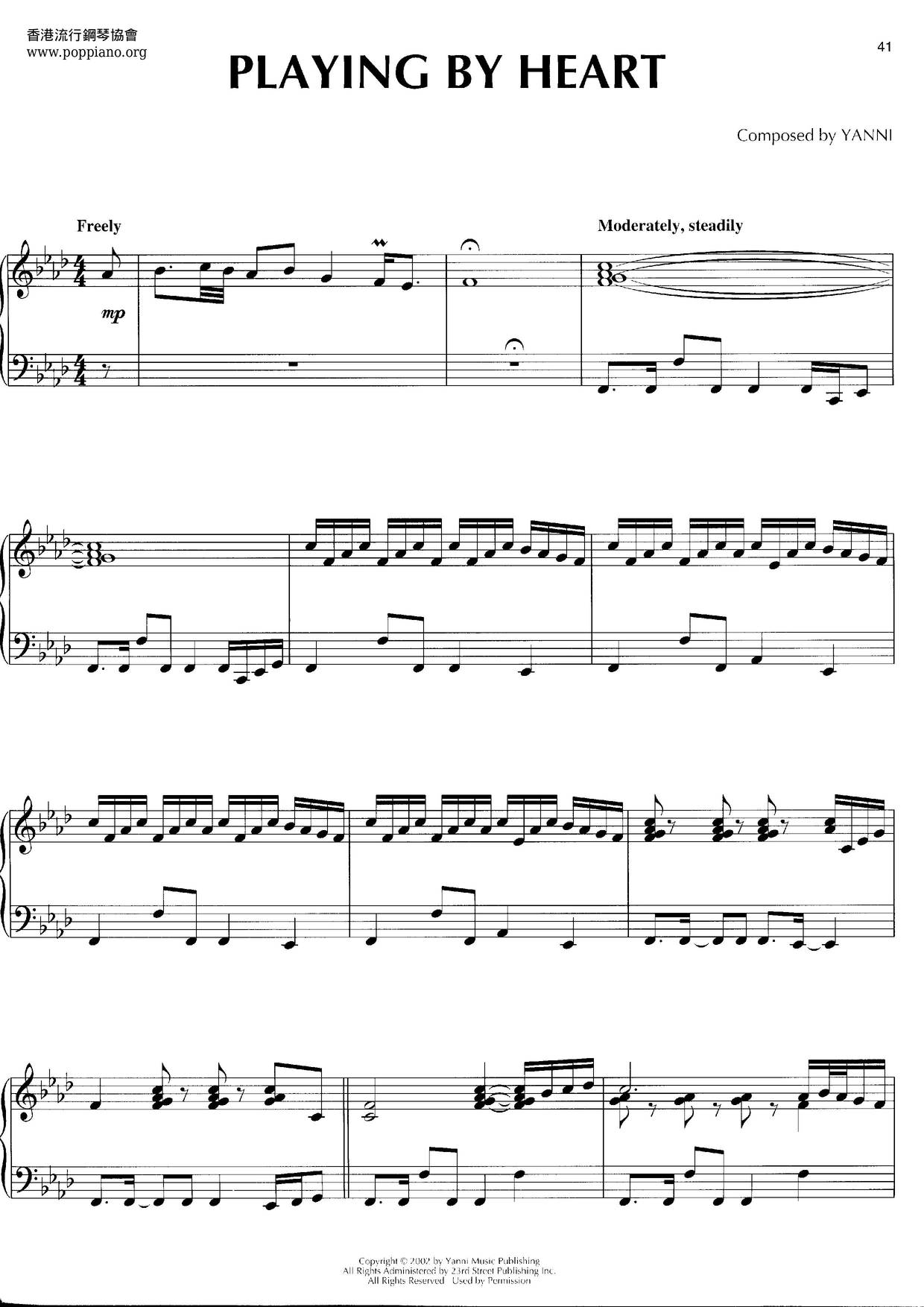 YanniPlaying By Heart 琴谱/五线谱pdf香港流行钢琴协会琴谱下载 ★