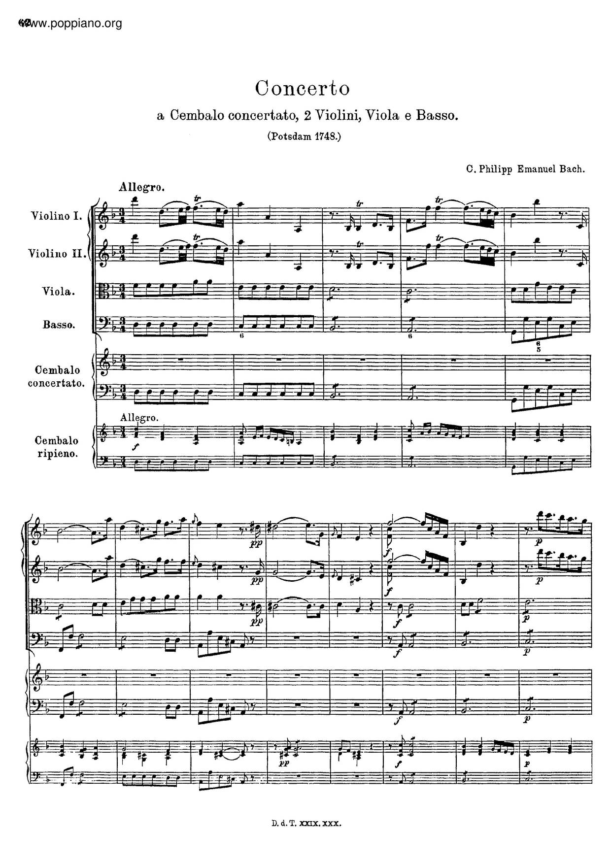 Harpsichord Concerto In D Minor, H.427琴谱
