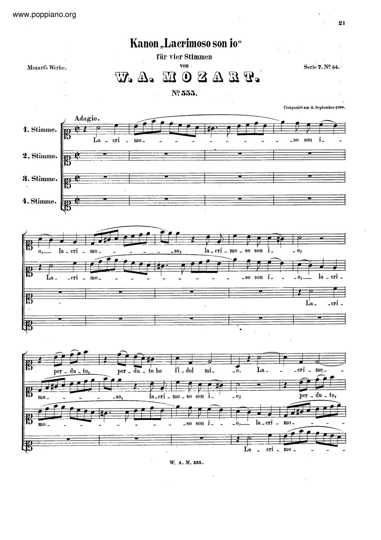 Wolfgang Amadeus MozartCanon For 4 Voices In A Minor, K. 555 琴谱/五线谱pdf