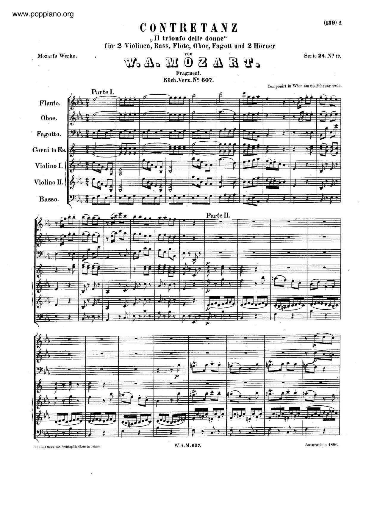 Country Dance In E-Flat Major, K. 607/605A琴谱