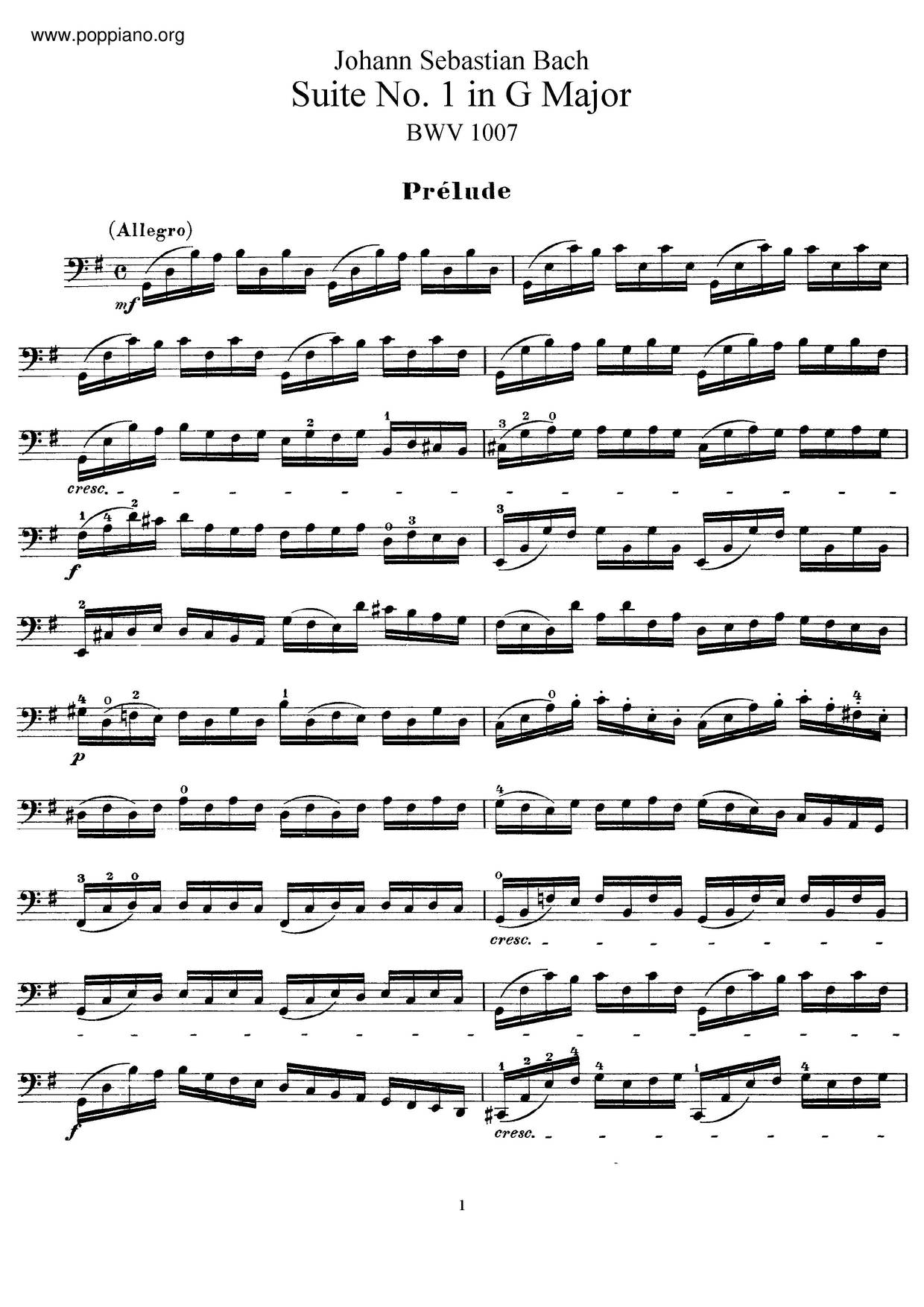 Cello Suite No. 1 In G Major, BWV 1007琴谱