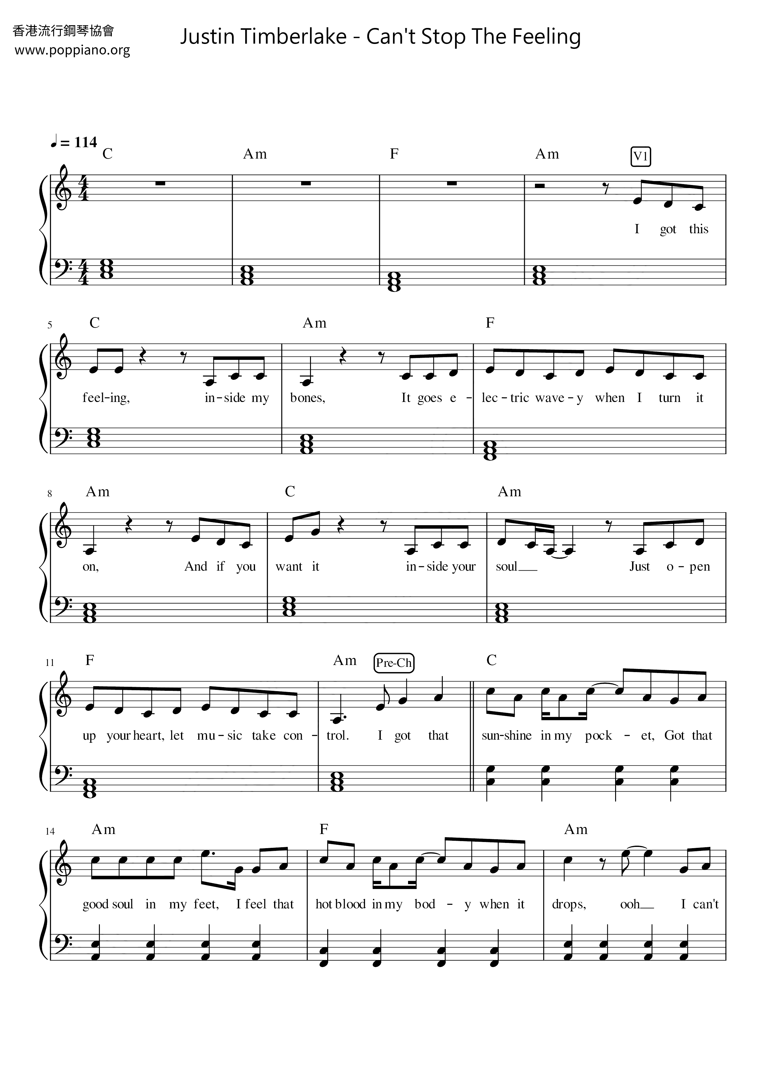 Can't Stop The Feeling琴谱