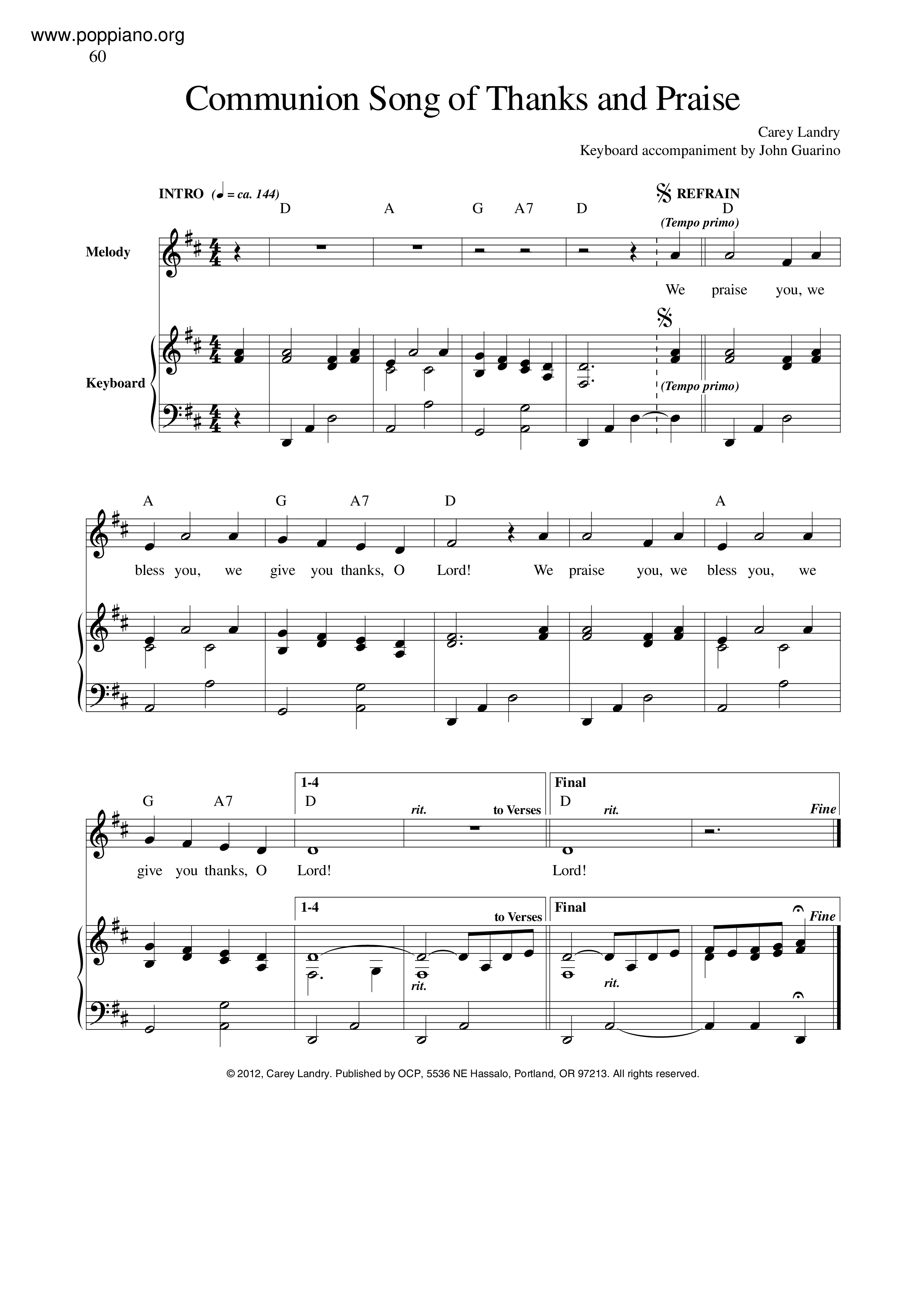 Communion Song Of Thanks And Praise琴谱