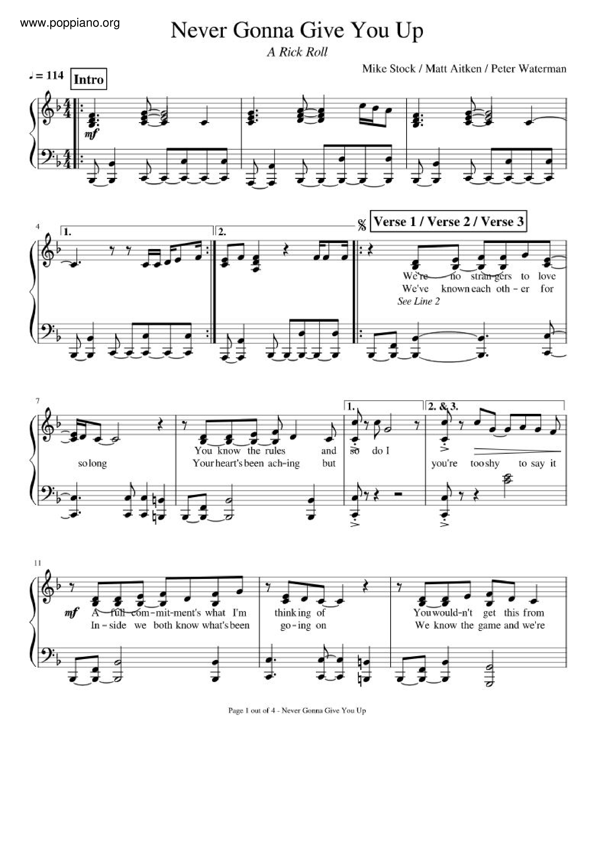 Never Gonna Give You Up琴谱