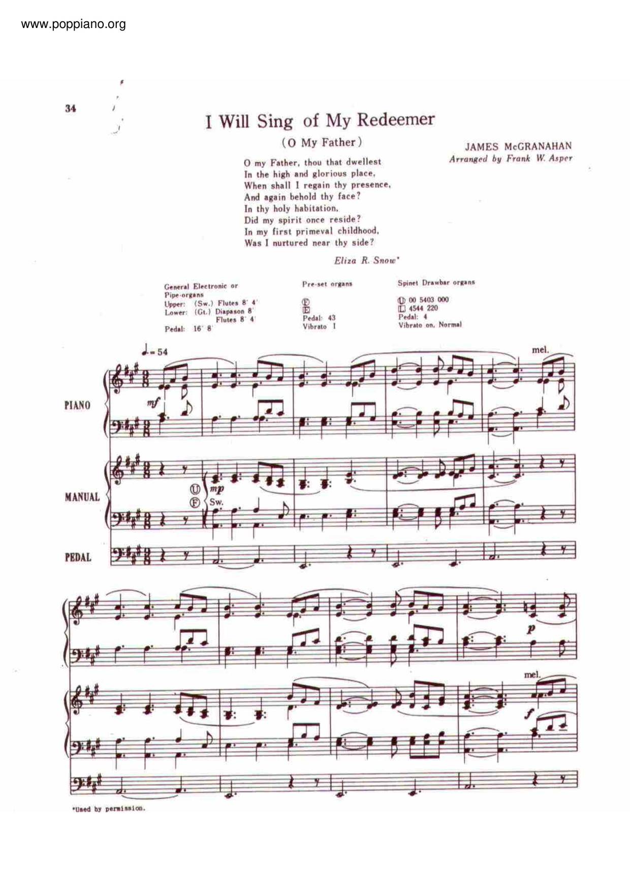 I Will Sing Of My Redeemer琴谱