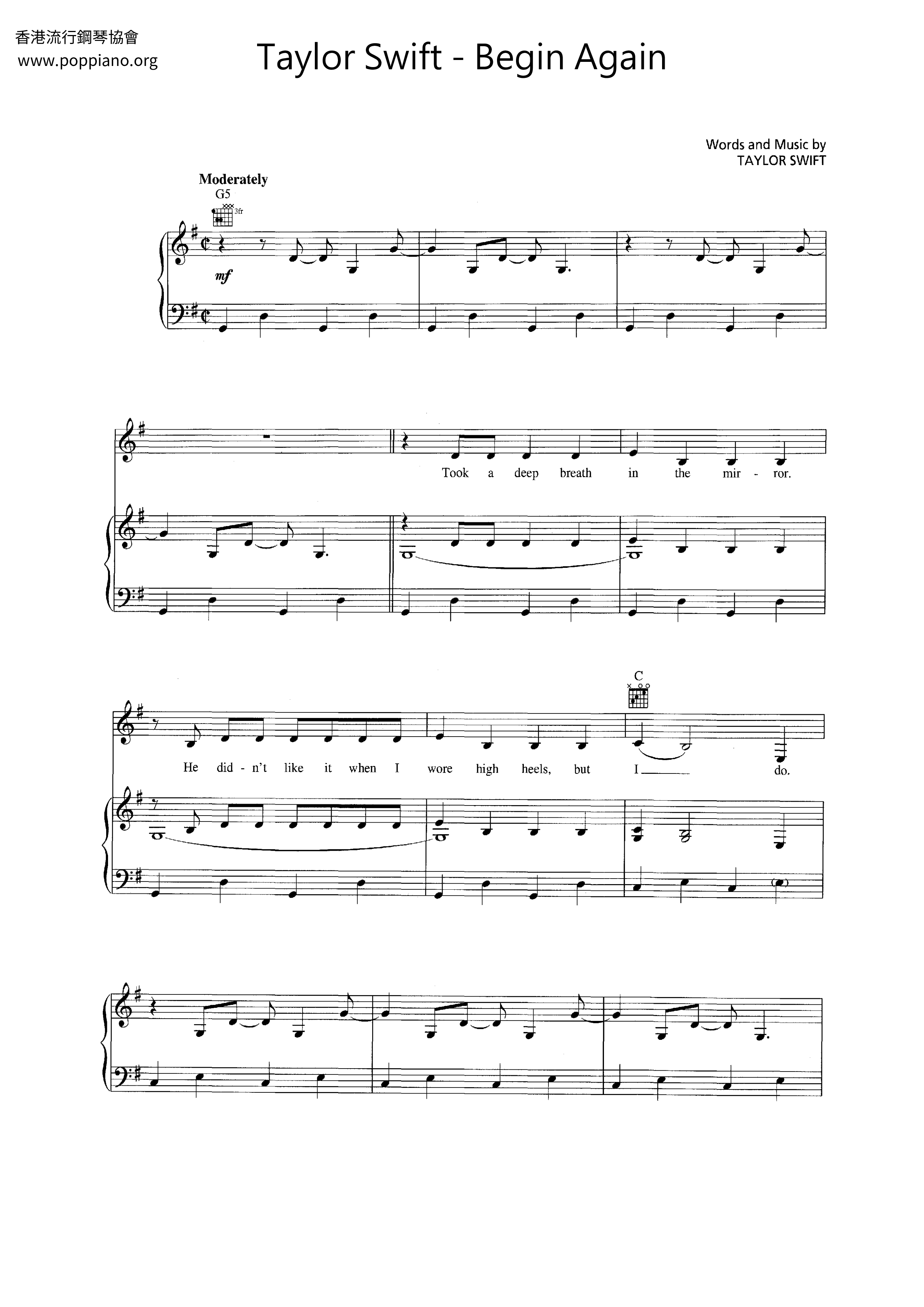 Begin Again琴谱
