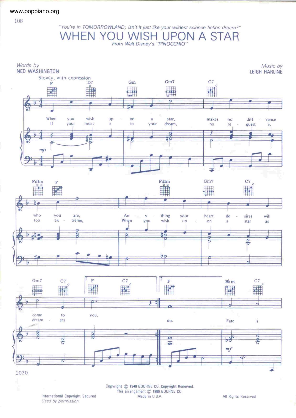 Pinocchio - When You Wish Upon a Star琴谱