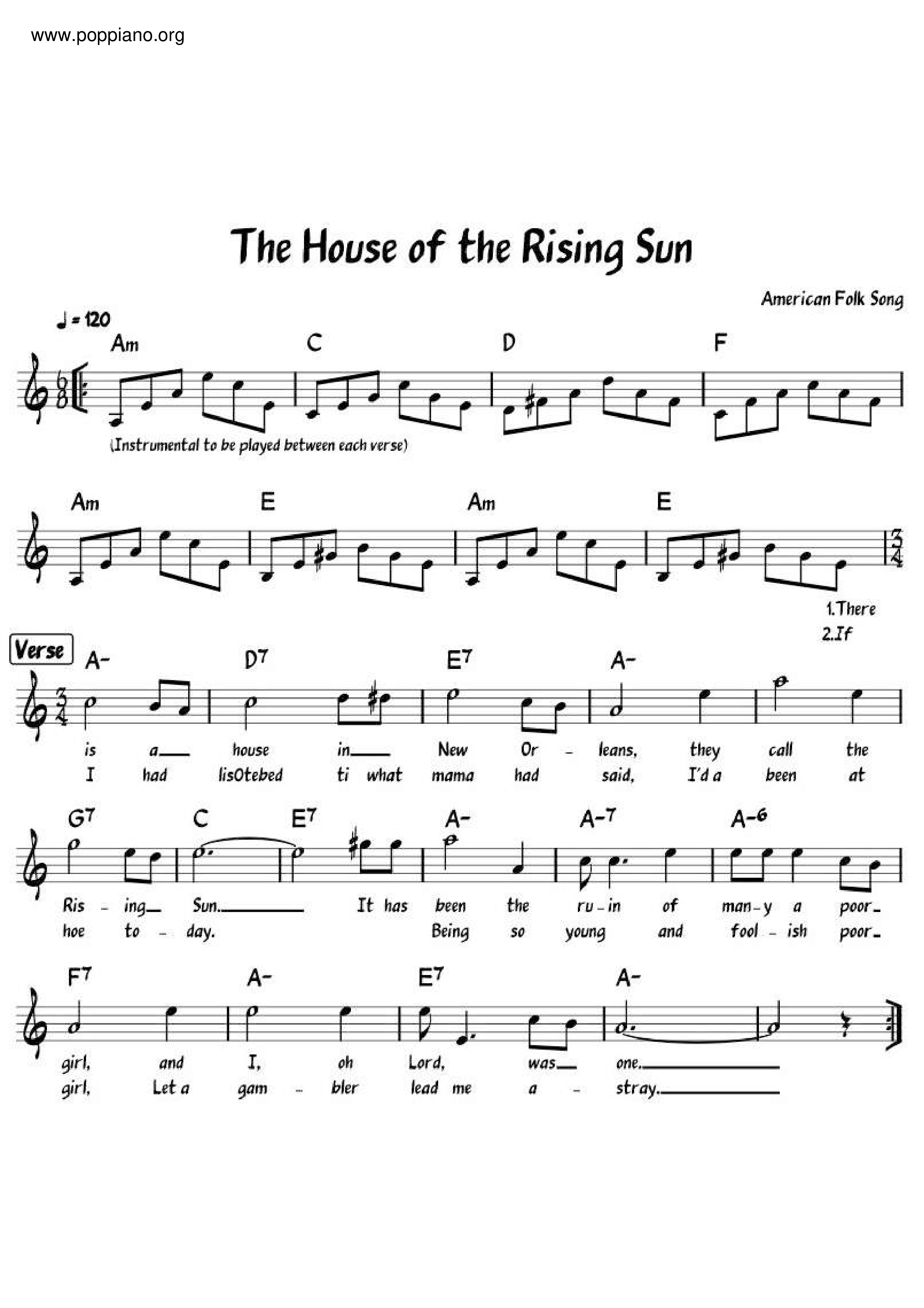House Of The Rising Sun琴谱