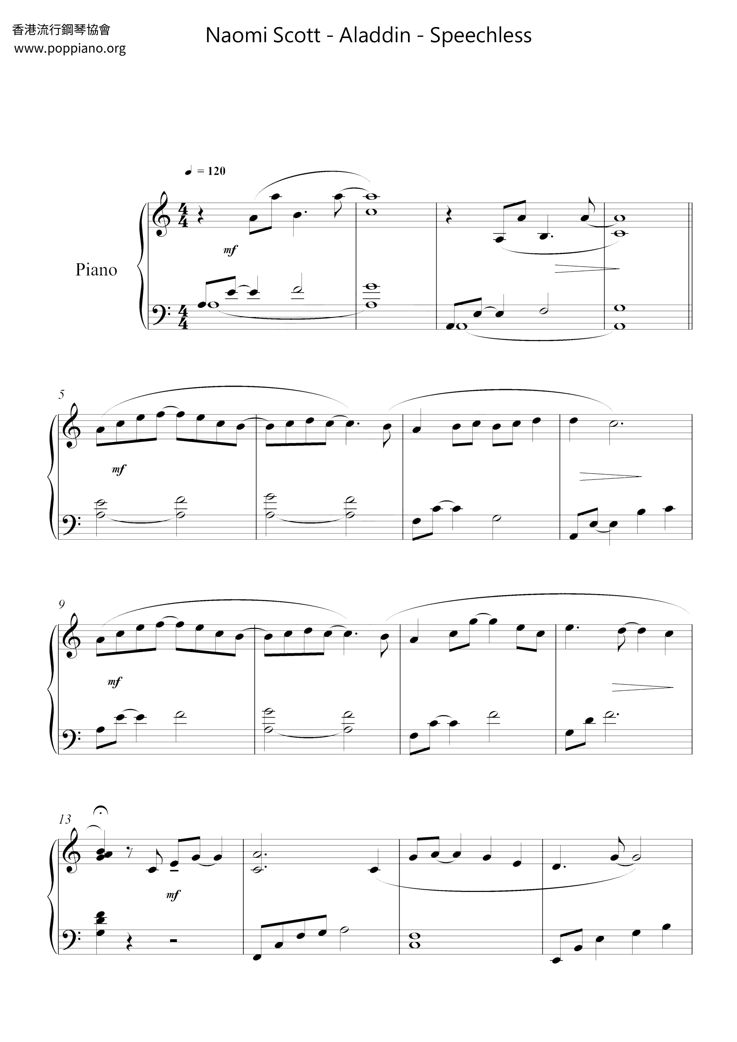 Aladdin - Speechless琴谱