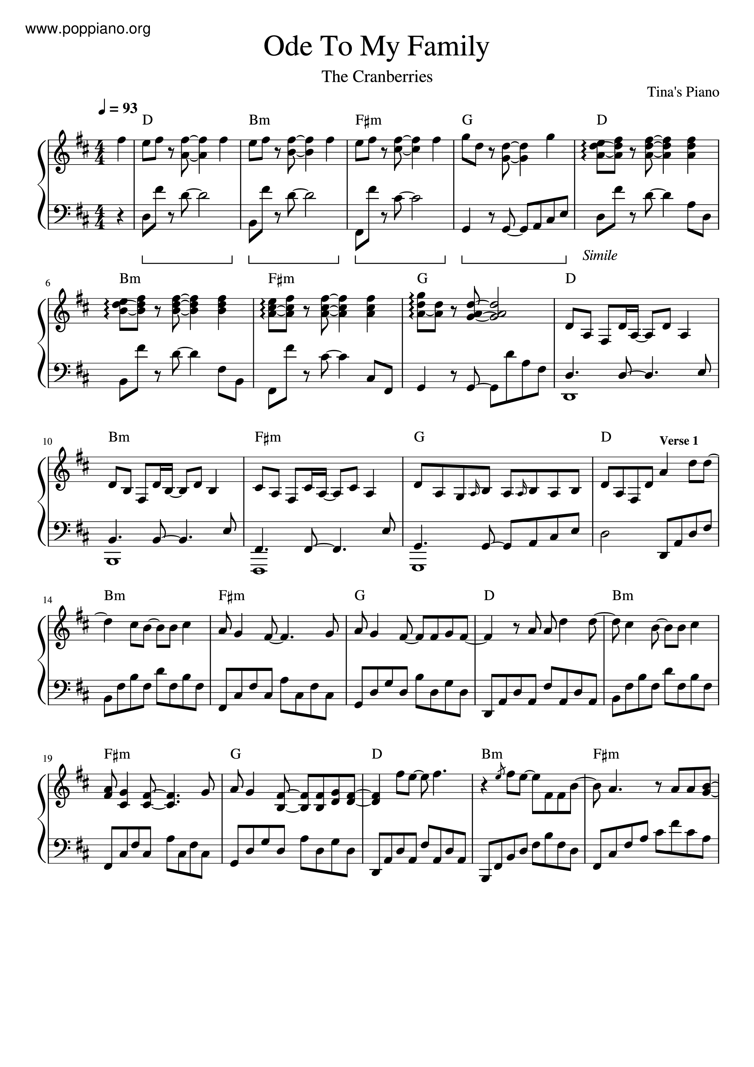 The CranberriesOde To My Family 琴谱/五线谱pdf香港流行钢琴协会琴谱下载 ★
