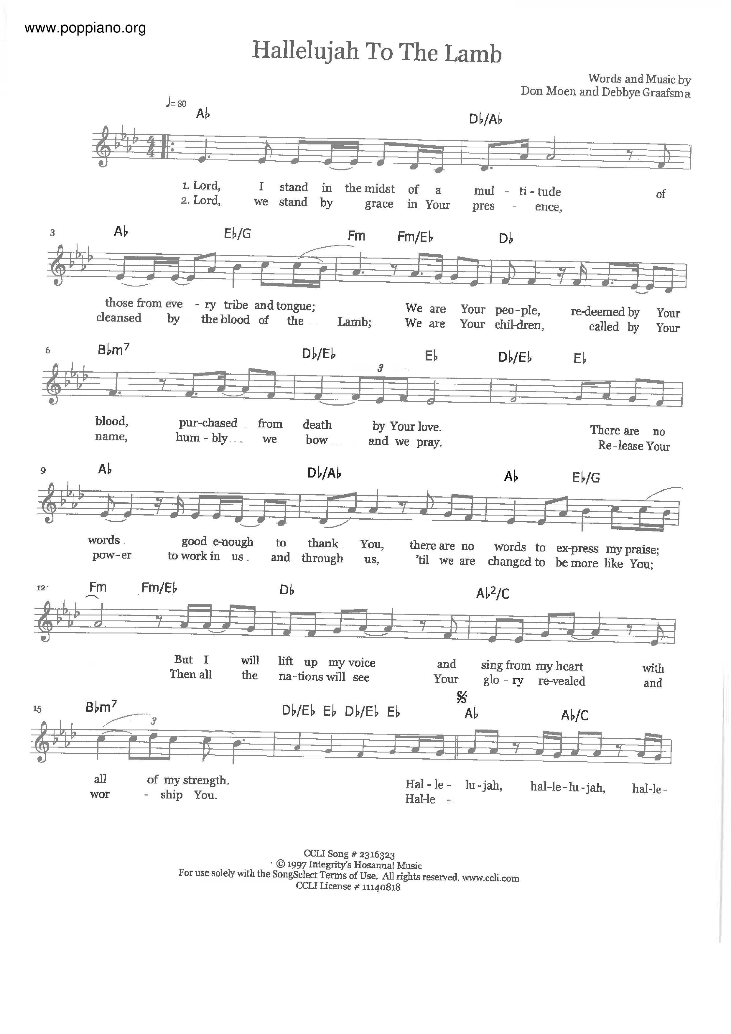 Halleluiah To The Lamb琴谱