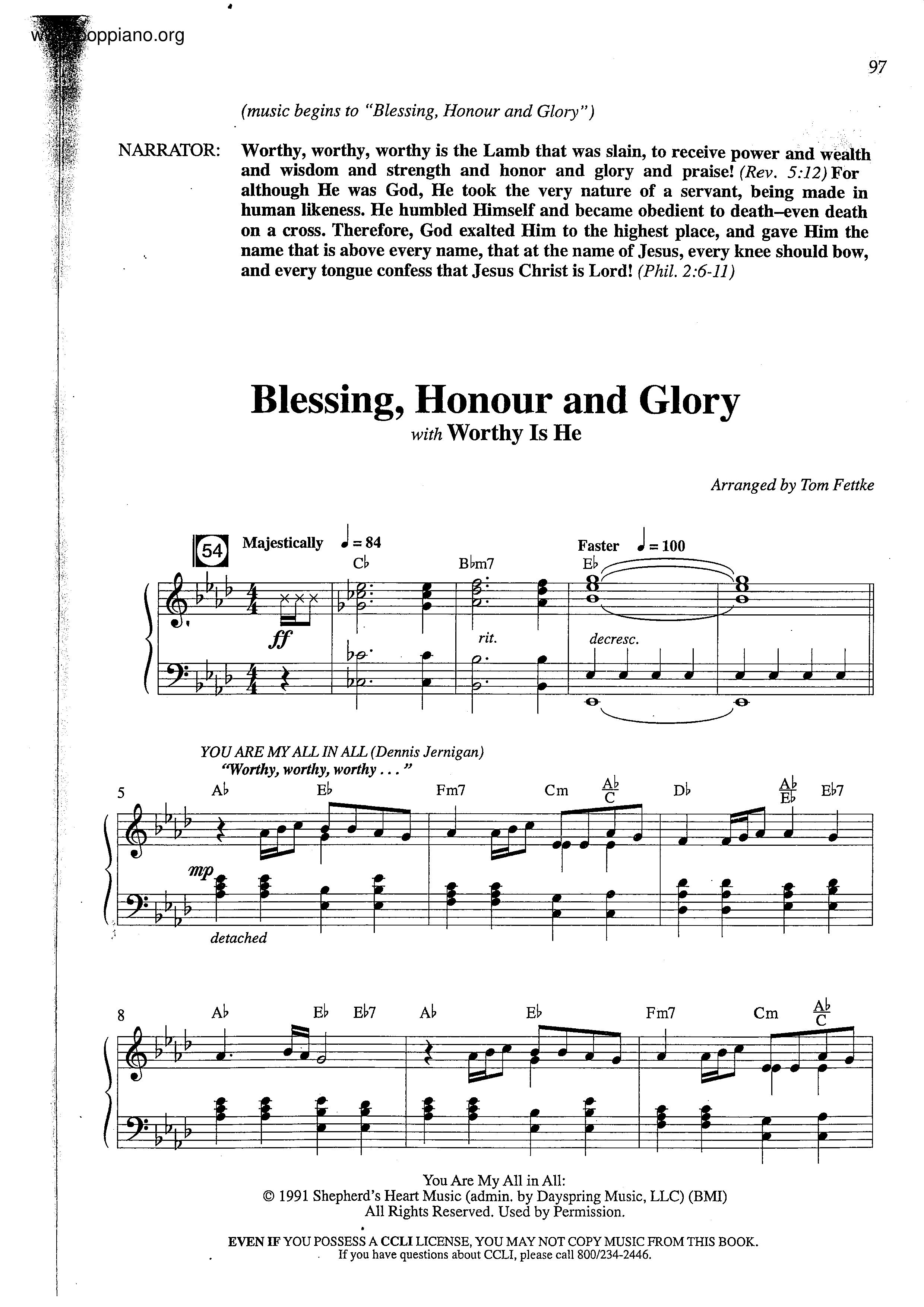Blessing, Honour And Glory琴谱