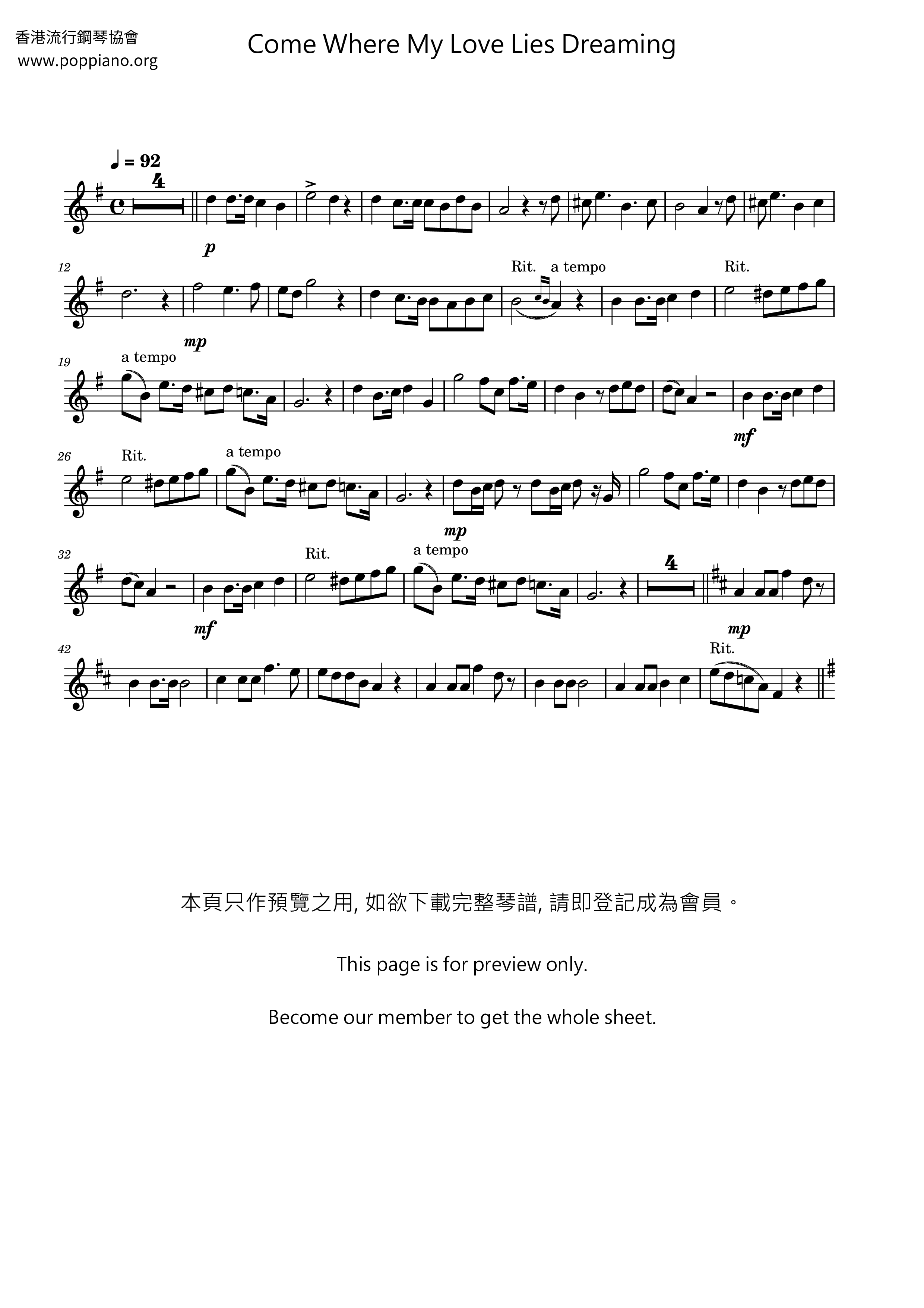 Come Where My Love Lies Dreaming琴谱