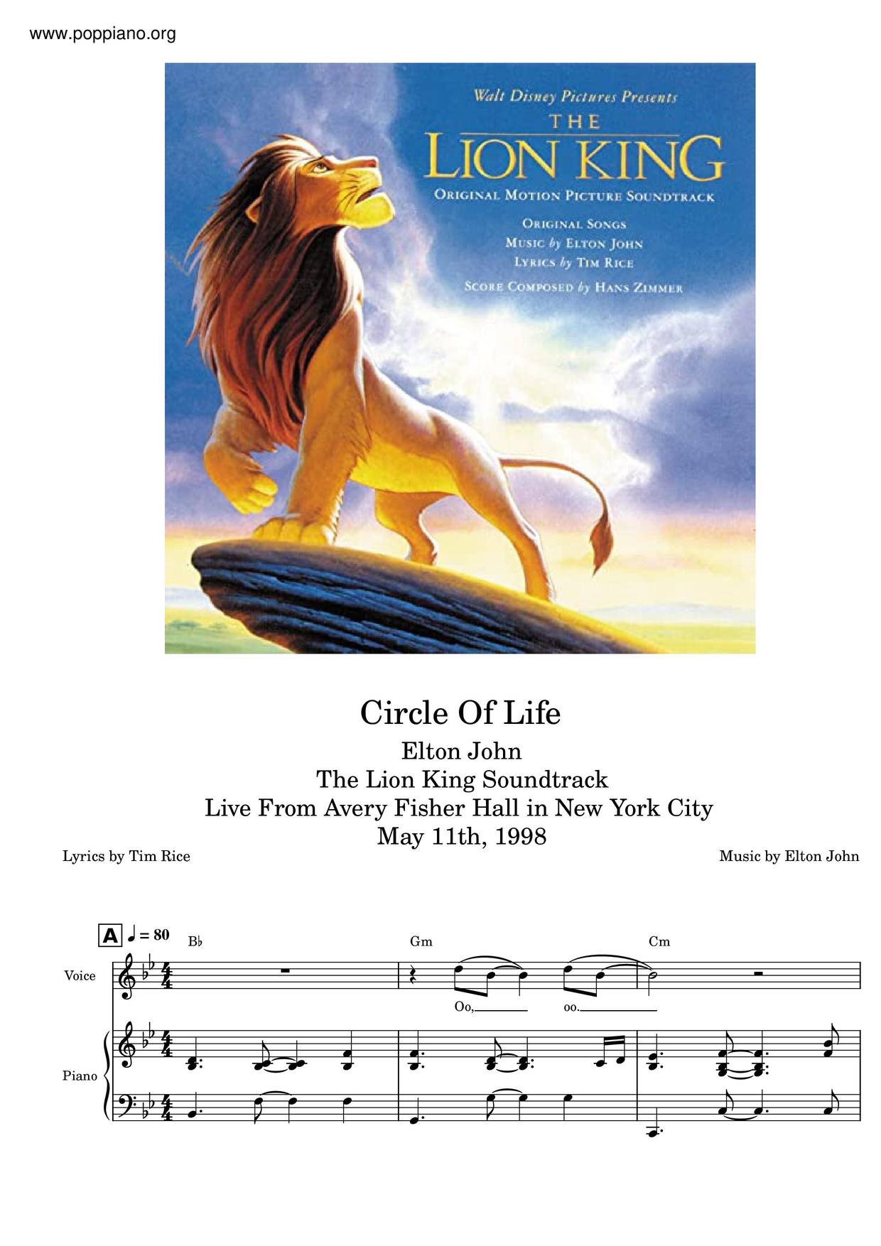 The Lion King - Circle Of Life琴谱