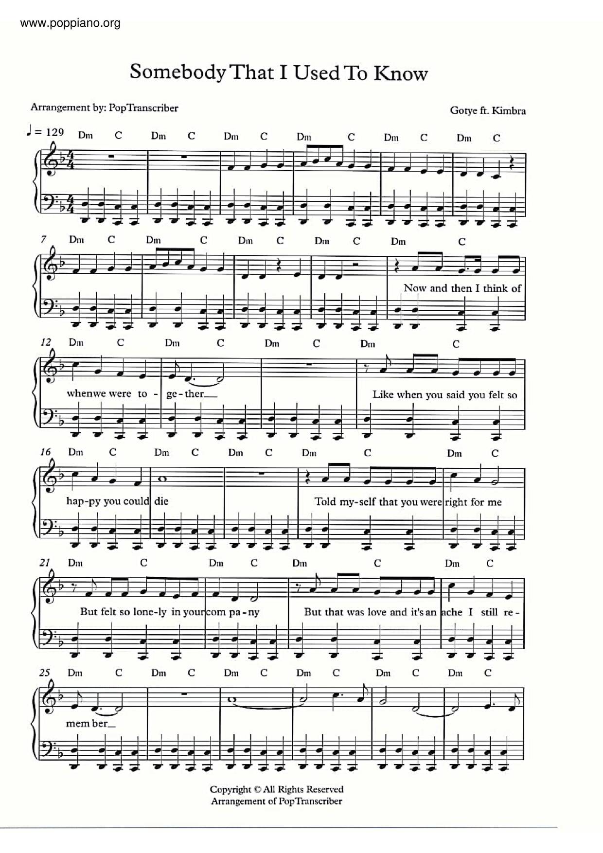 Somebody That I Used To Know琴谱