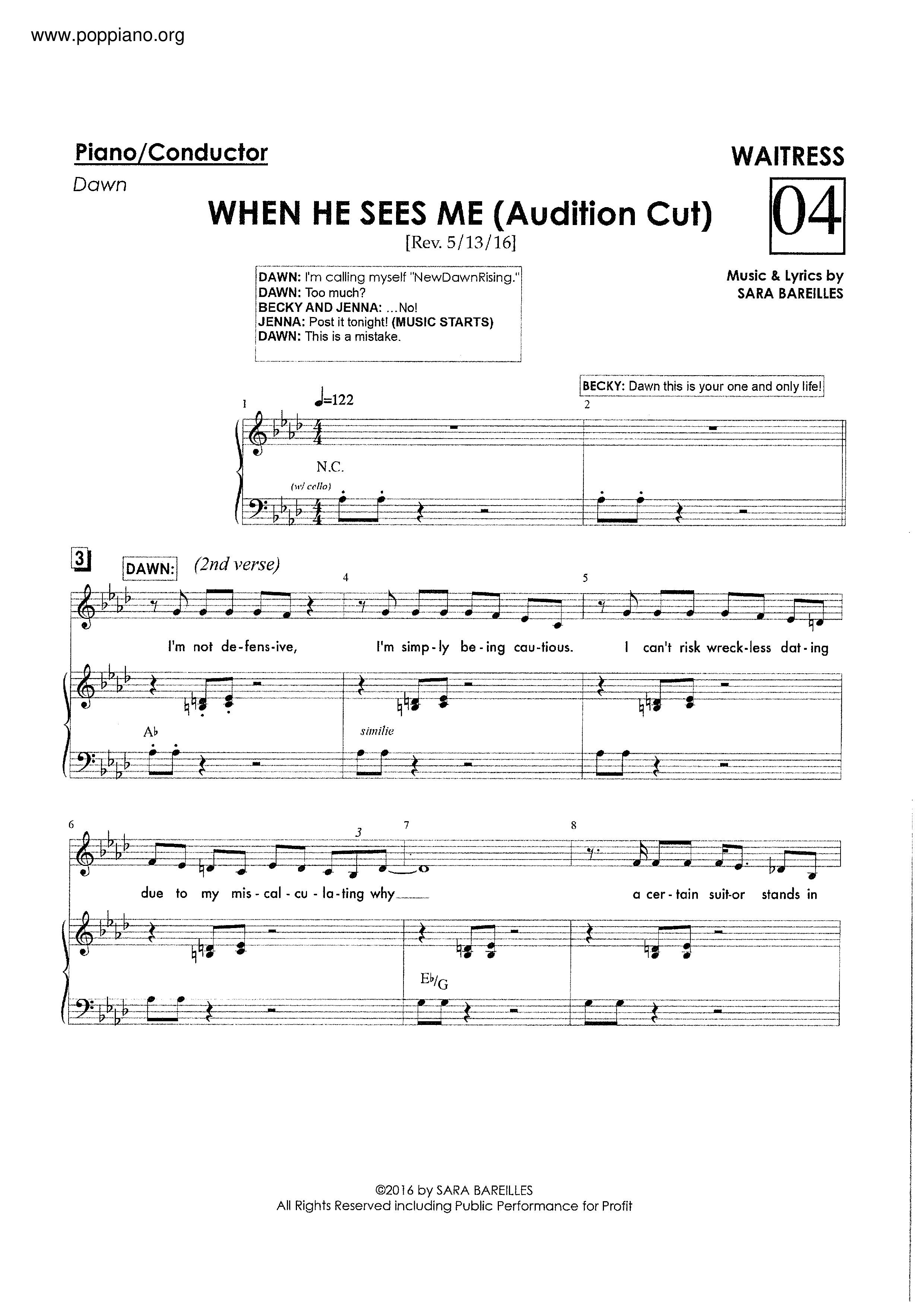 Waitress - When He Sees Me琴谱