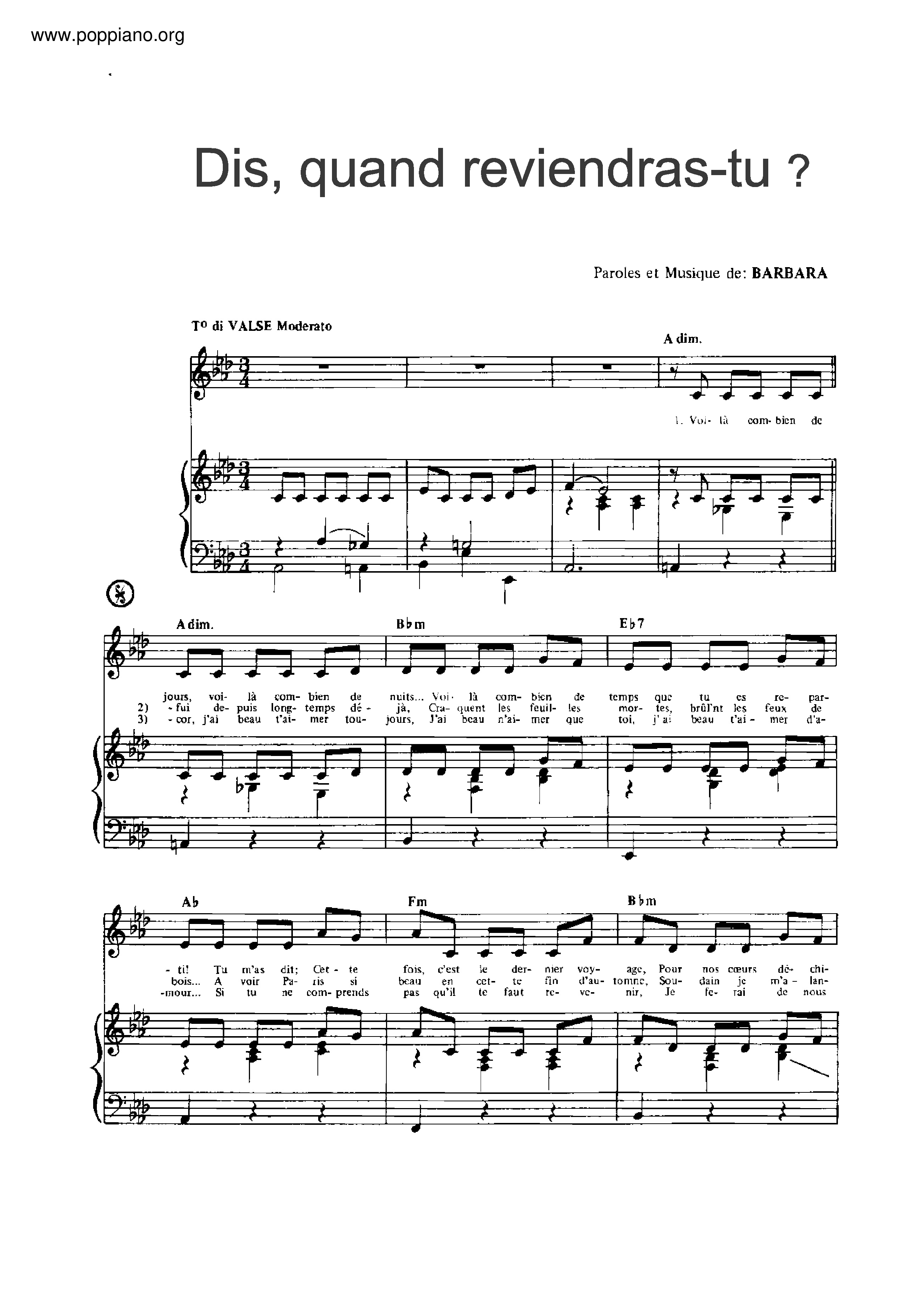 Dis, quand reviendras-tu?琴谱