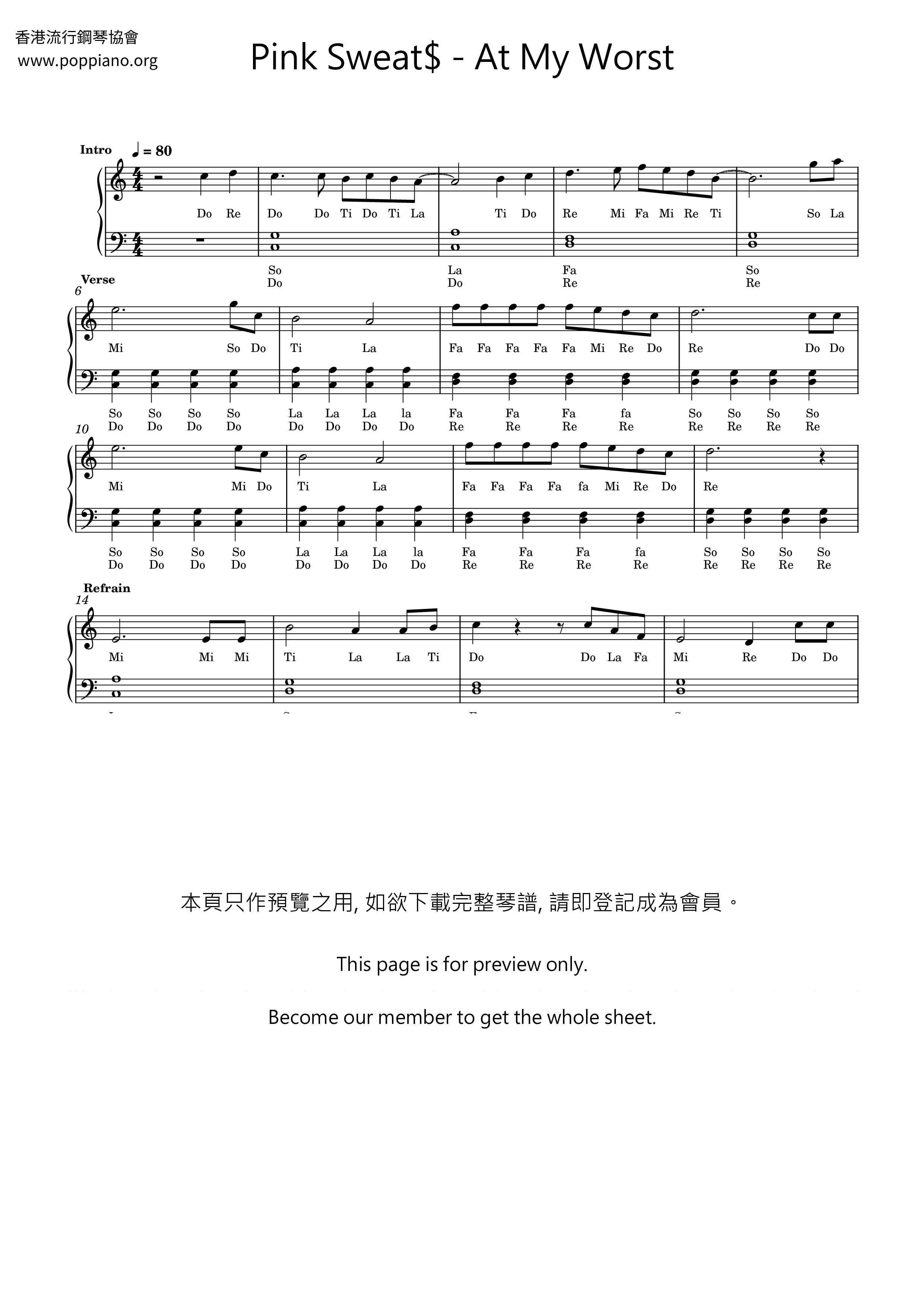 At My Worst琴谱
