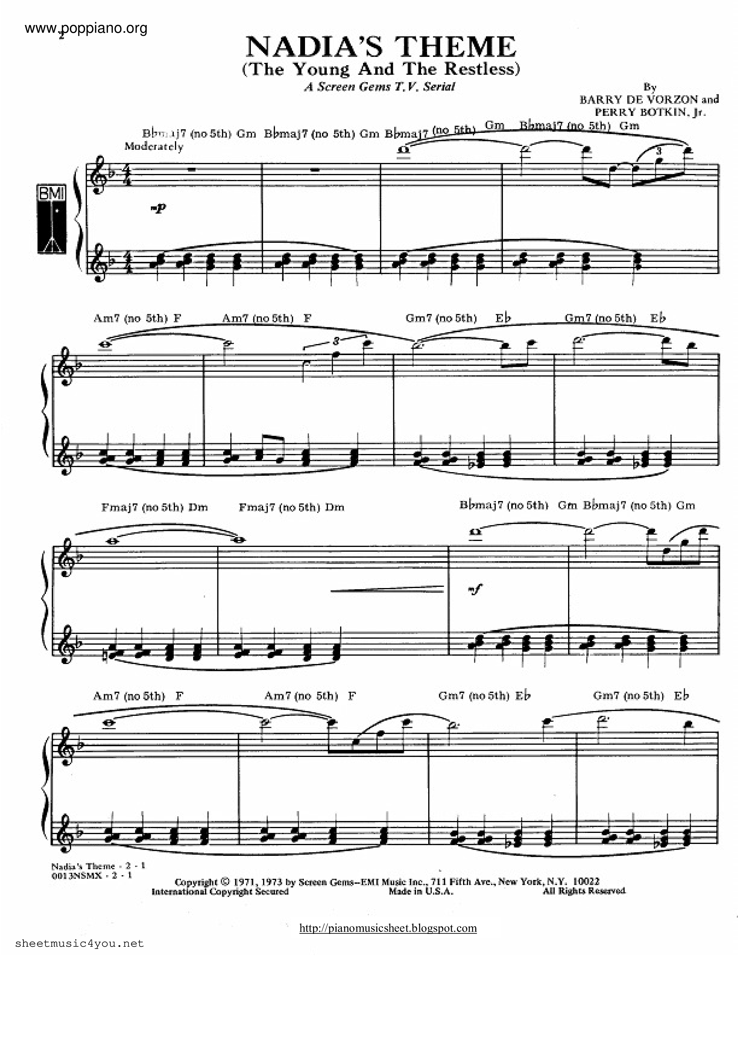Nadia's Theme (Theme from the Young and Restless)琴谱