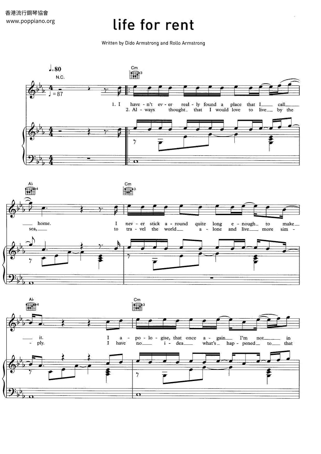 DidoLife For Rent 琴谱/五线谱pdf香港流行钢琴协会琴谱下载 ★