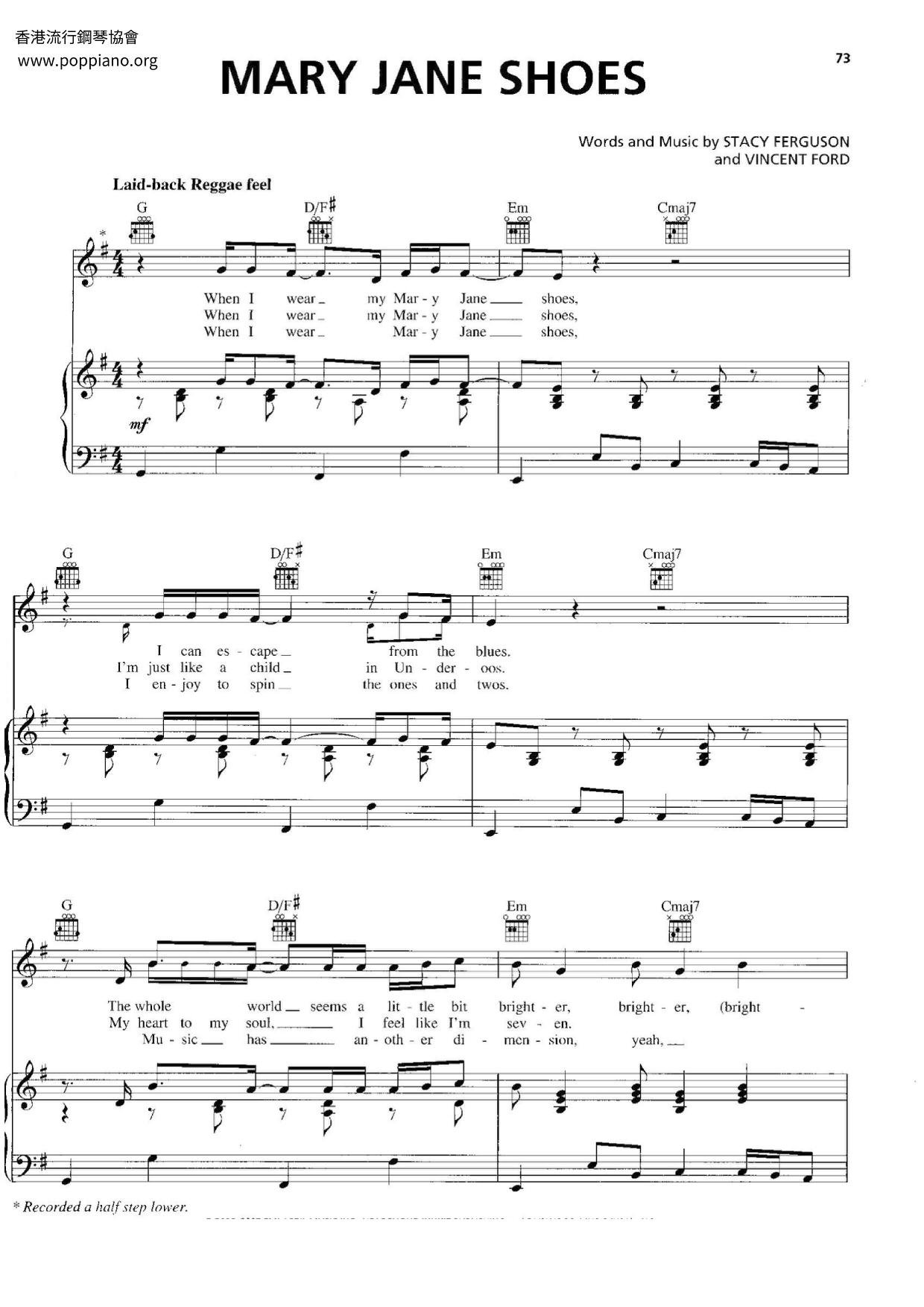 FergieMary Jane Shoes 琴谱/五线谱pdf香港流行钢琴协会琴谱下载 ★