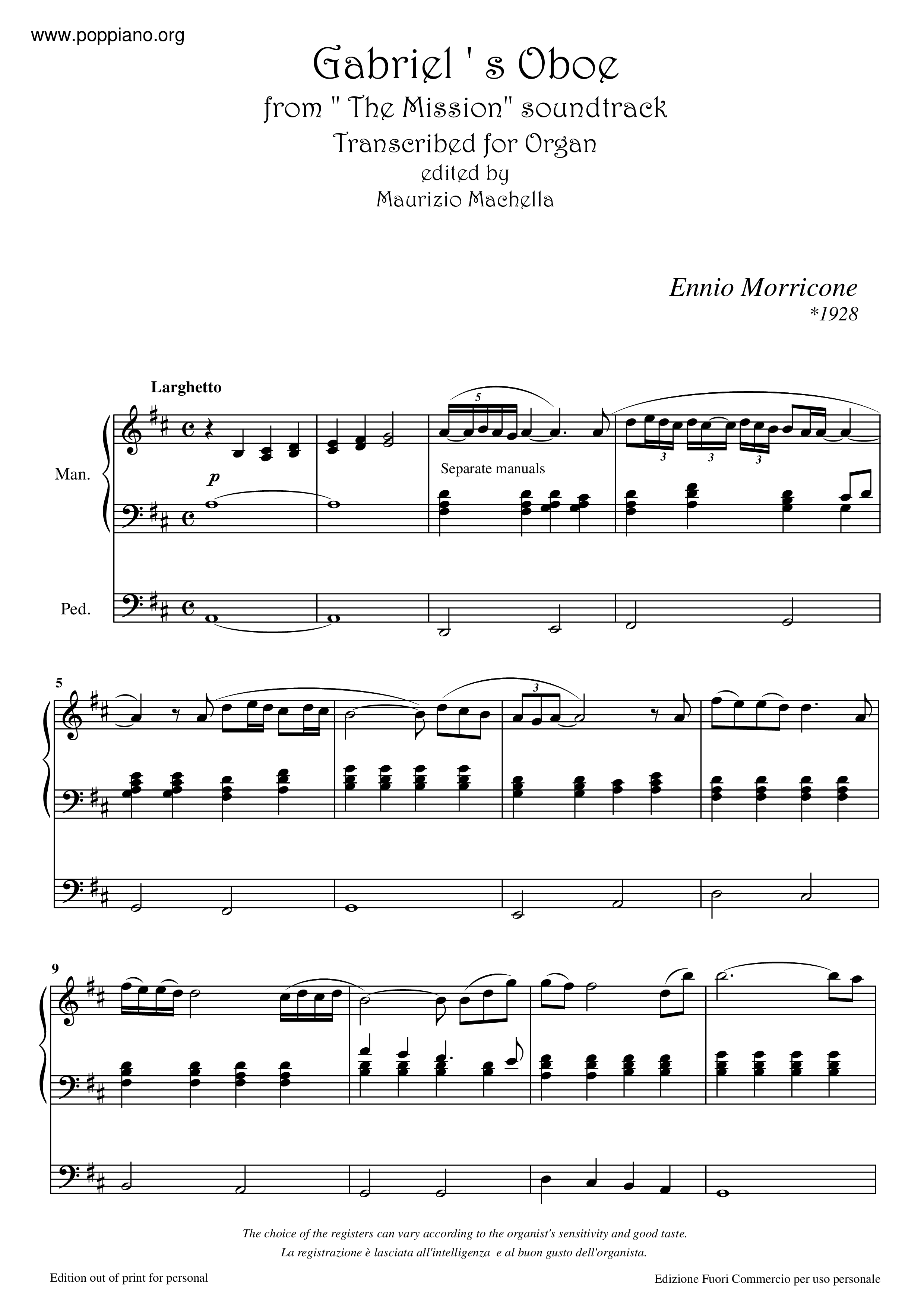 Ennio Mission Gabriel's Oboe 琴谱/五线谱pdf (エンニオ・モリコーネ)香港