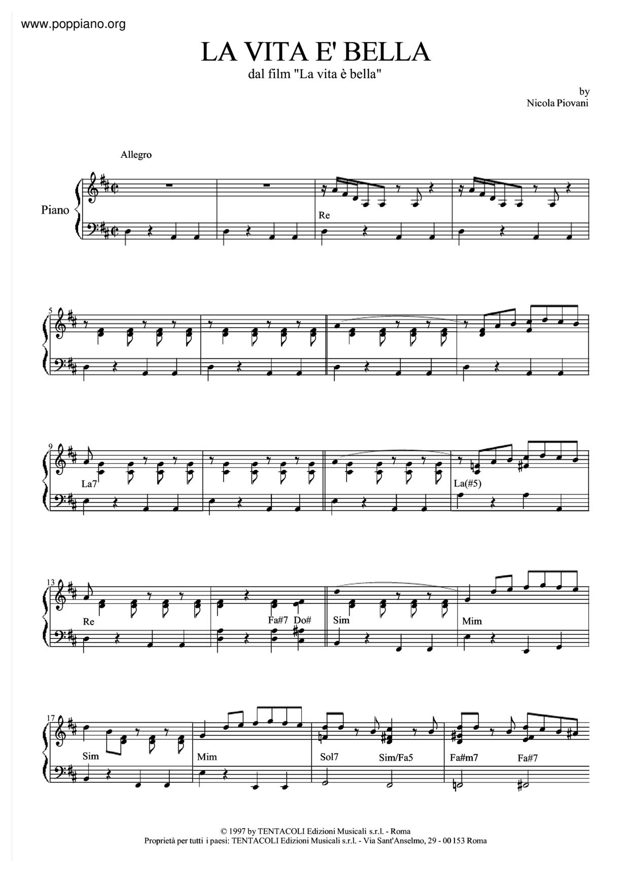 La Vita E Bella琴谱