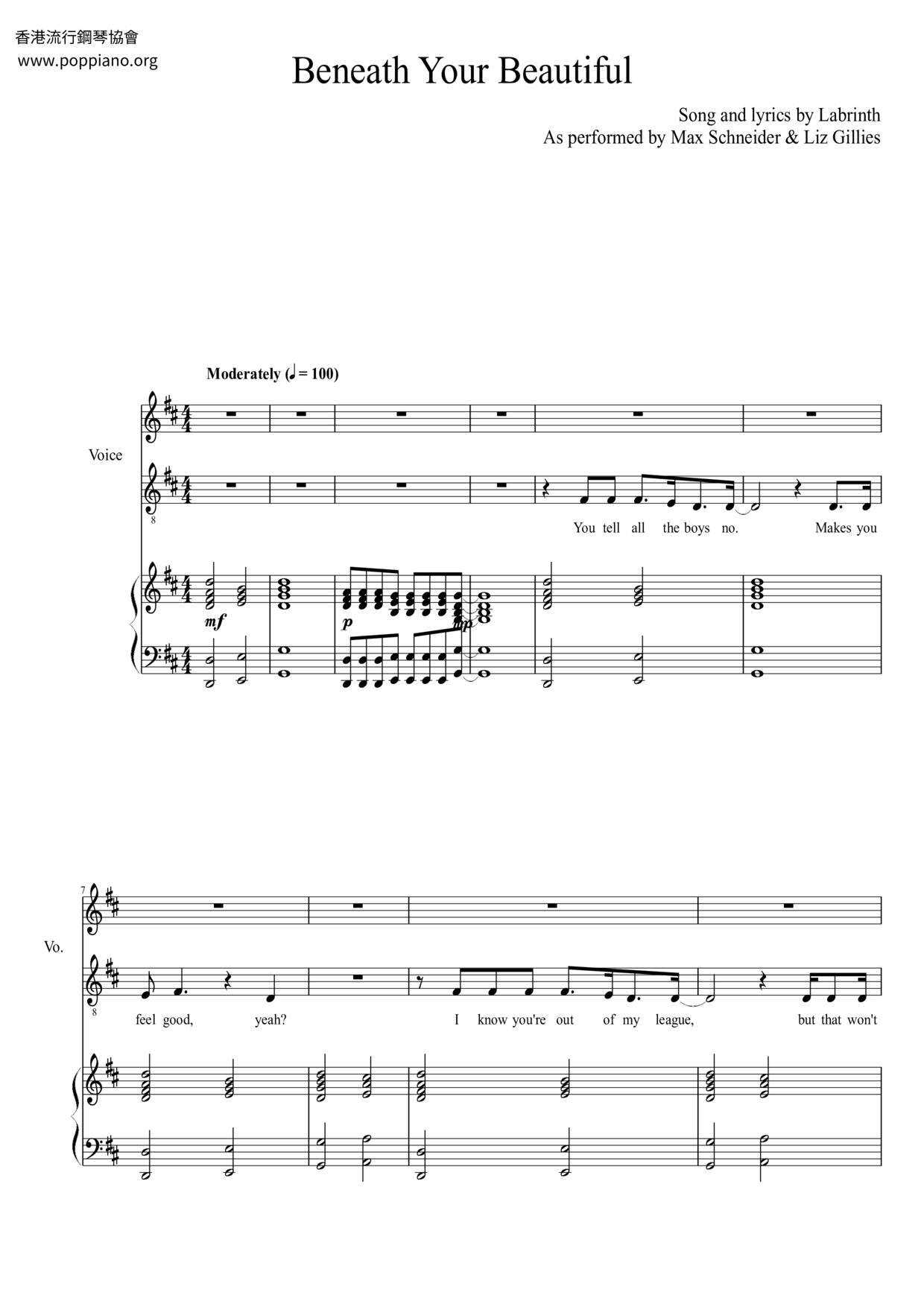 Beneath Your Beautiful琴谱