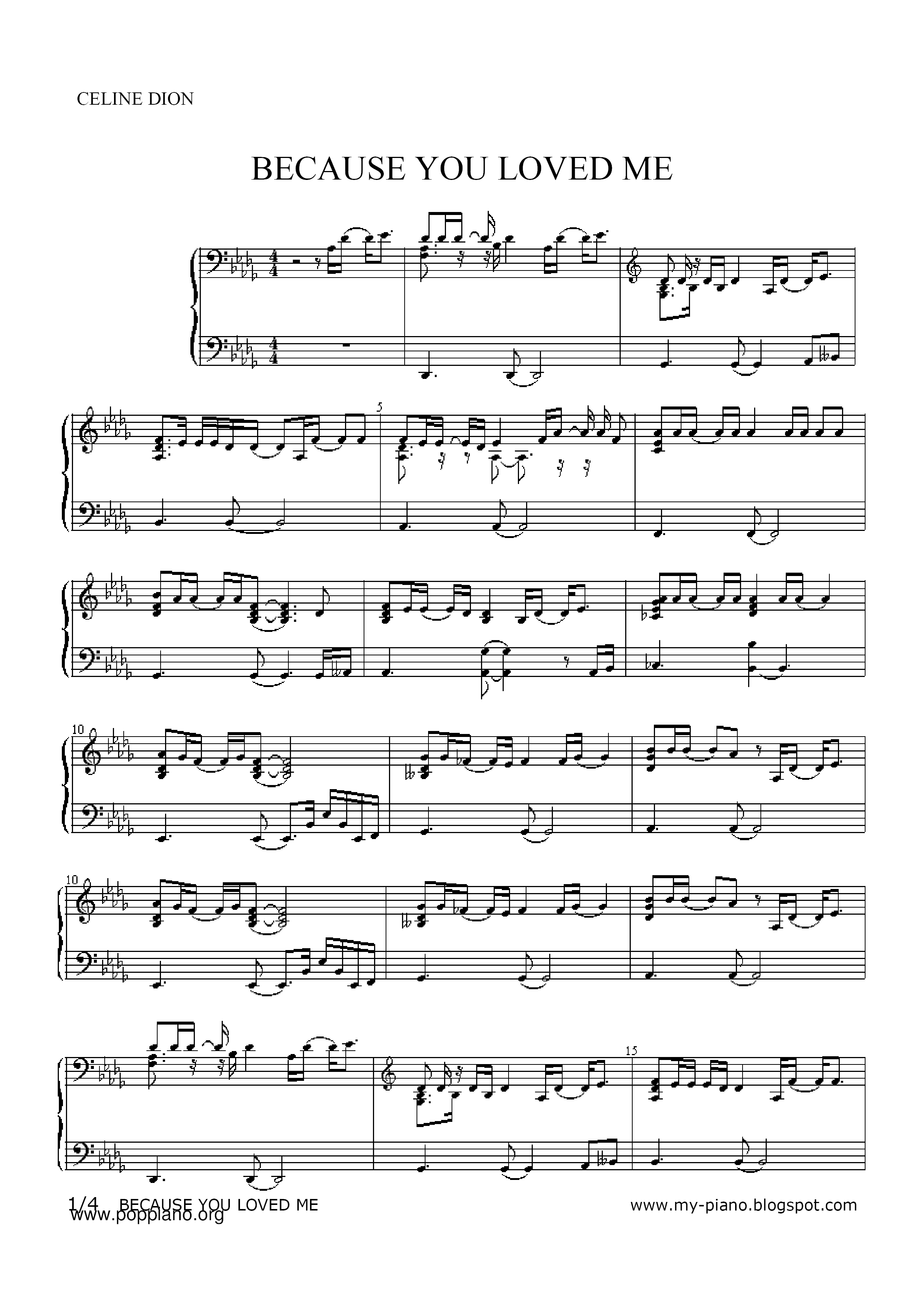 Because You Loved Me (Theme from Up Close and Personal) Score