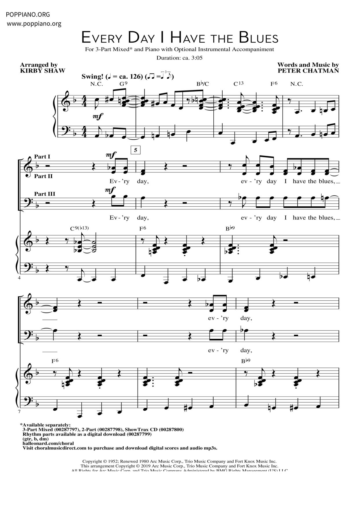 Every Day I Have The Blues Score