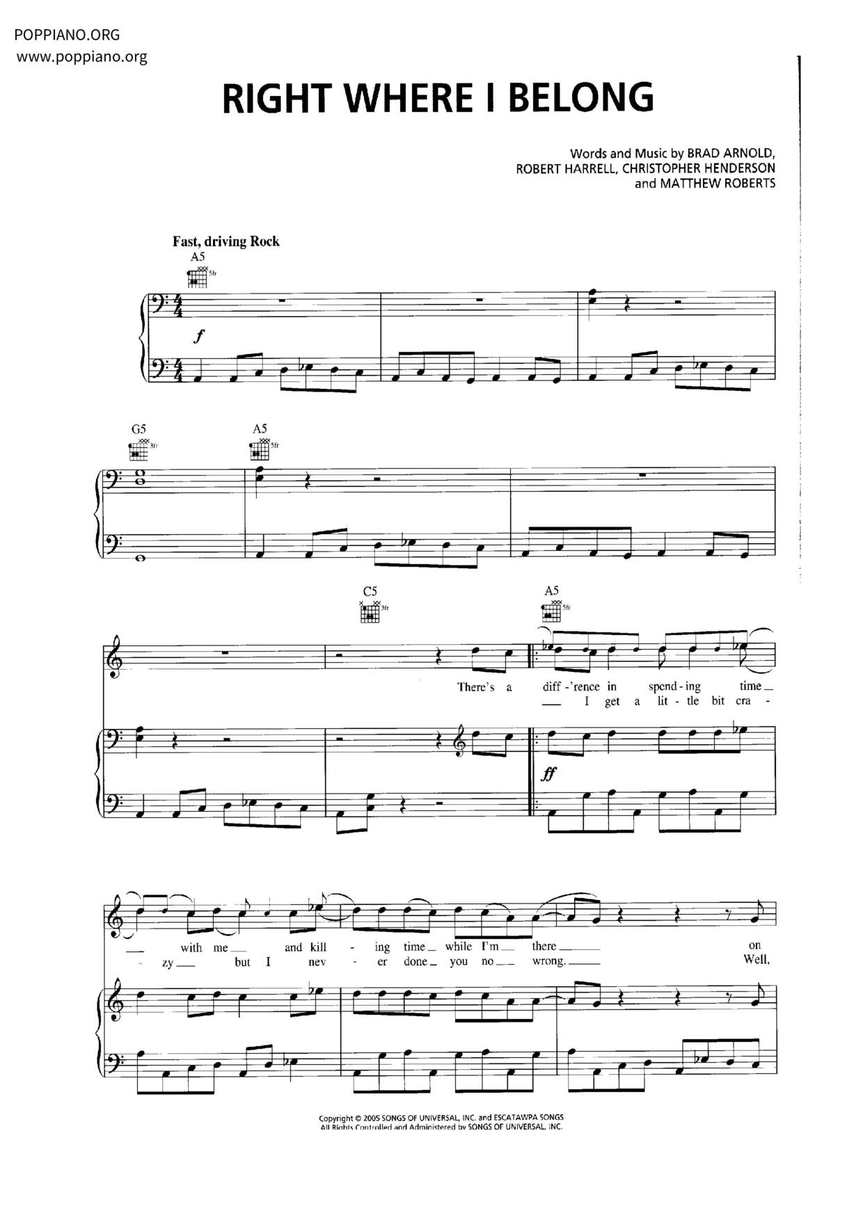 Right Where I Belong Score