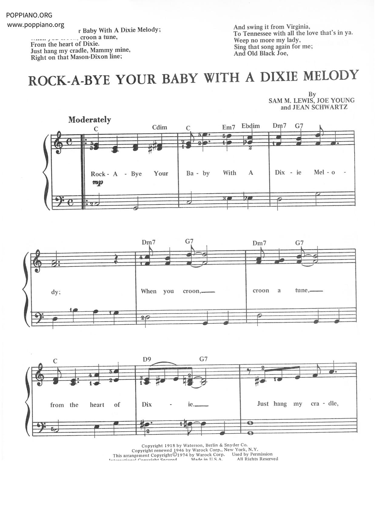Rock-a-bye Your Baby With A Dixie Melody Score