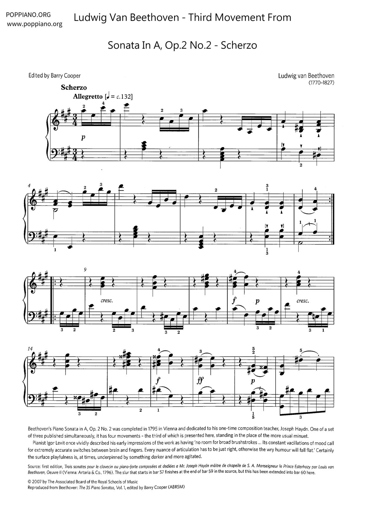 Third movement from Sonata in A, Op.2 No.2 - Scherzo Score